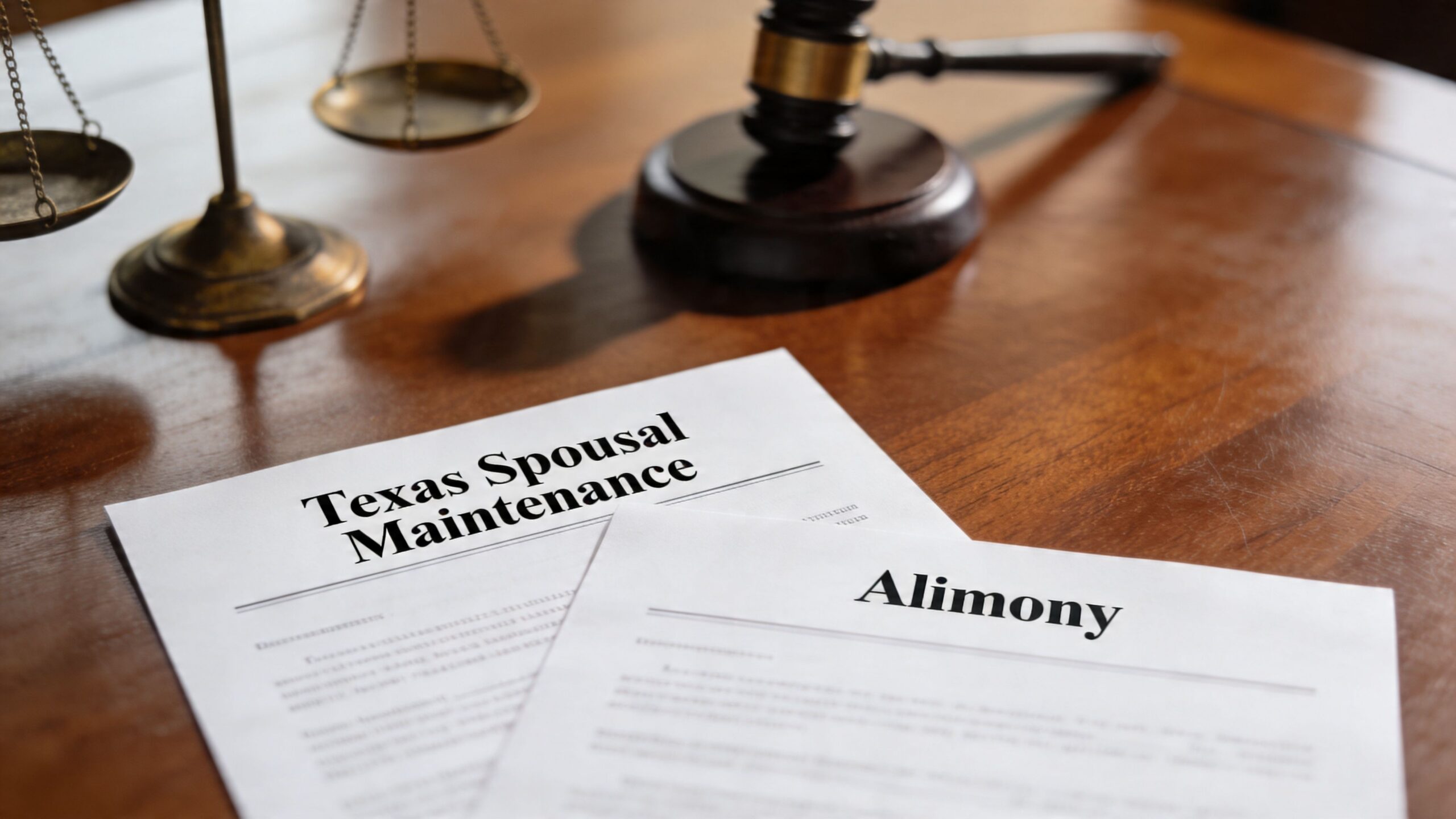 A wooden gavel and scale of justice resting on documents titled Texas Spousal Maintenance and Alimony.
