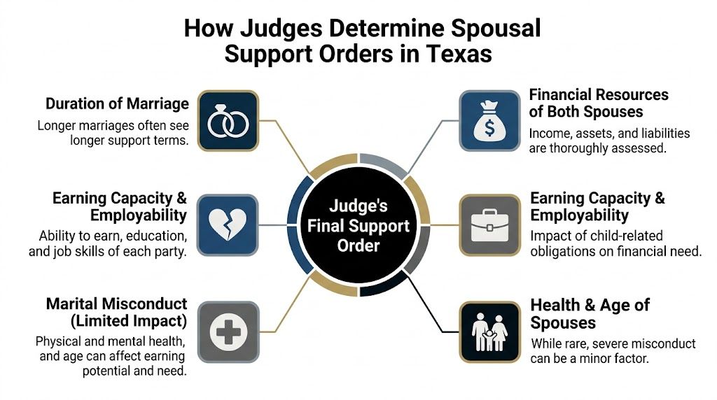 An infographic detailing the factors Texas judges consider when determining final spousal support orders during divorce proceedings.