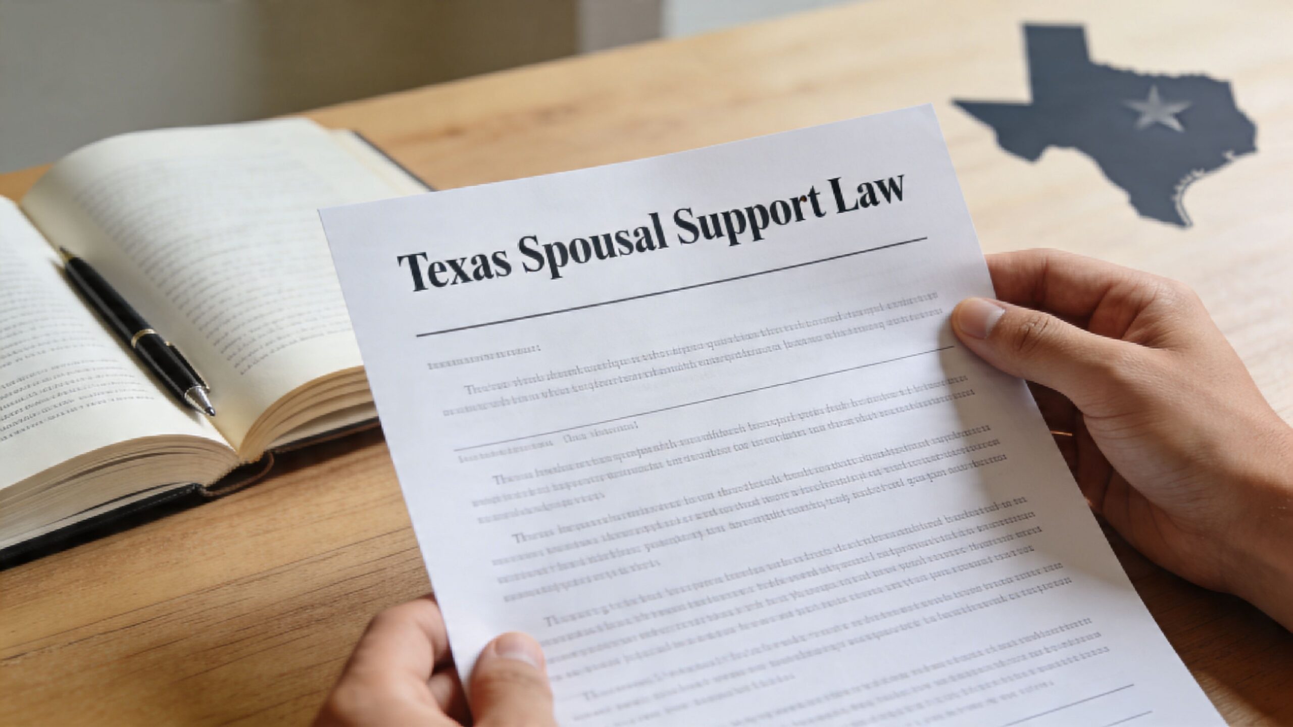 A person holding a document titled Texas Spousal Support Law with a legal book and pen nearby.