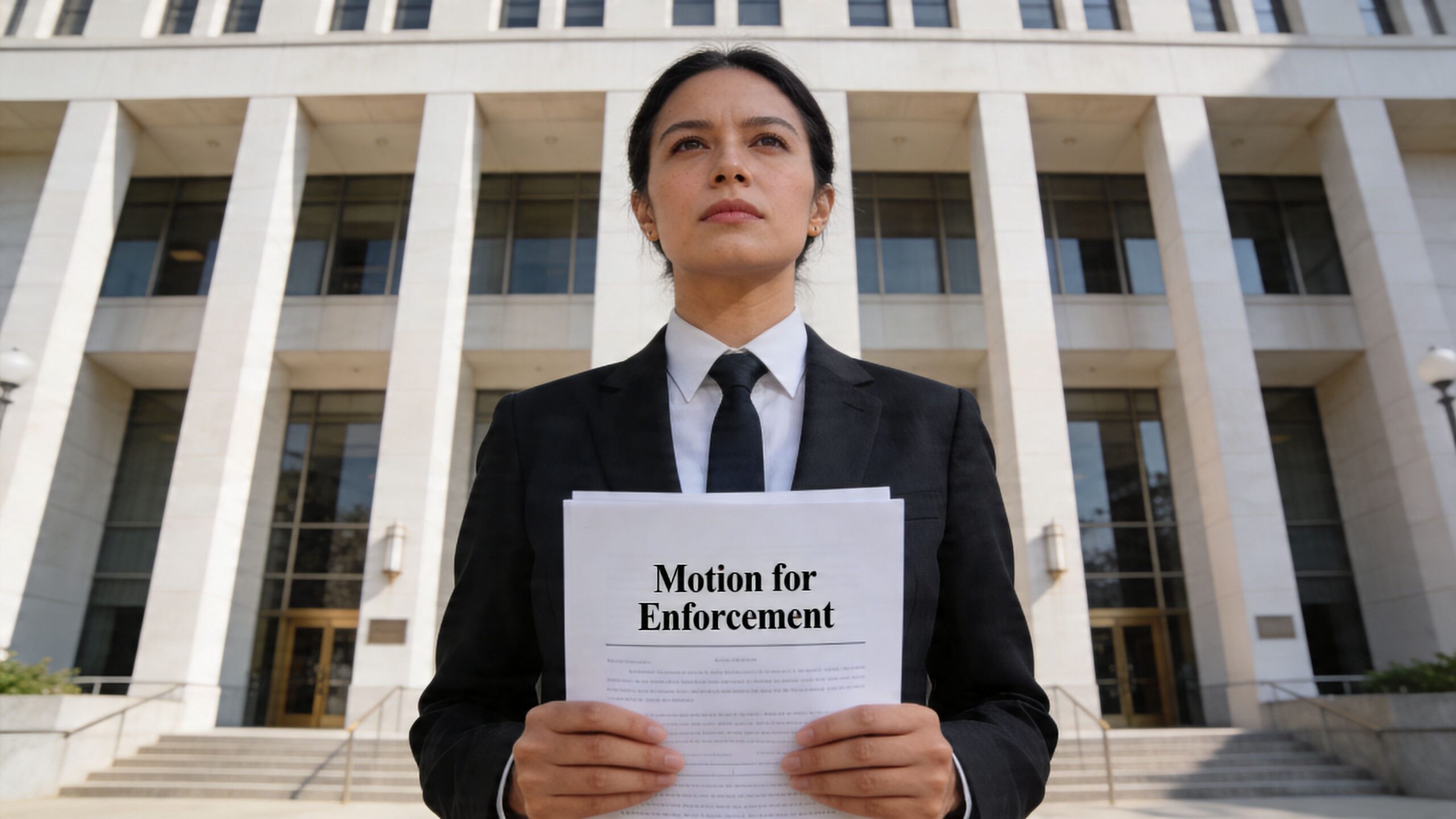 A professional woman in a suit standing in front of a courthouse holding a Motion for Enforcement document.
