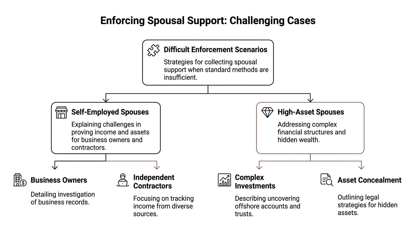 A flowchart detailing strategies for enforcing spousal support in challenging cases involving self-employed and high-asset individuals.