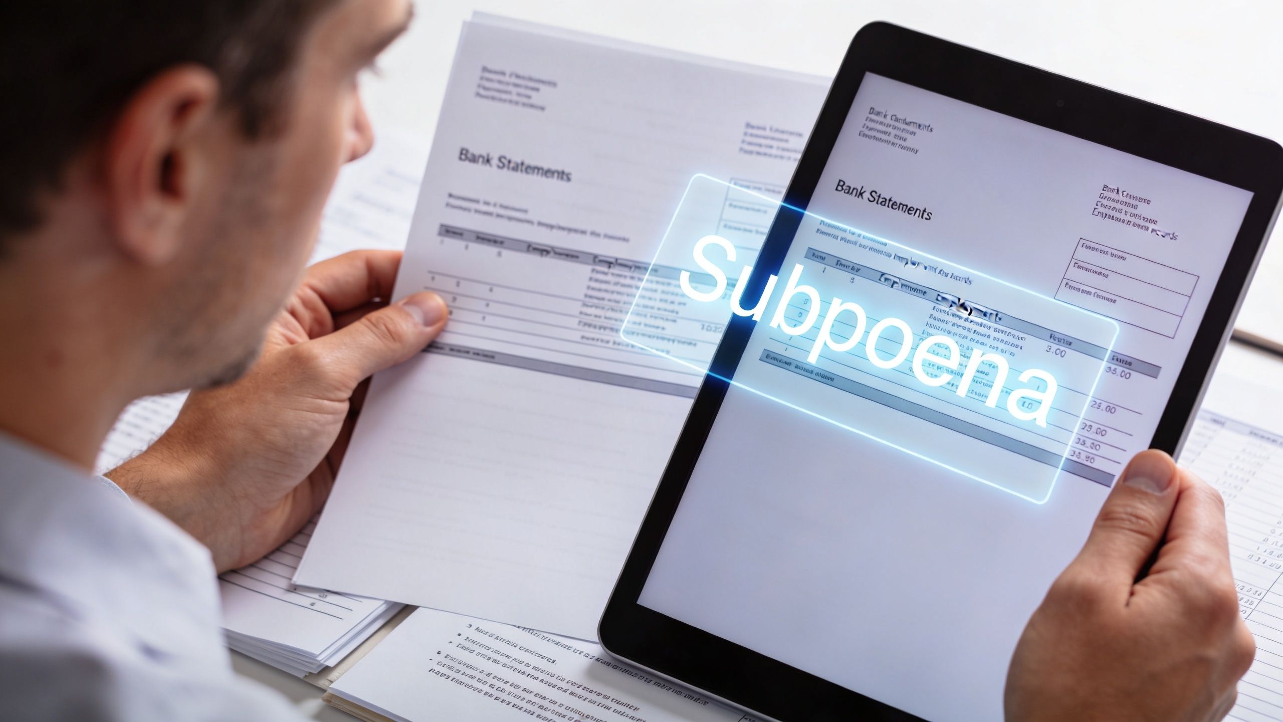 A person reviewing bank statements on a tablet screen with a glowing digital subpoena label overlay.
