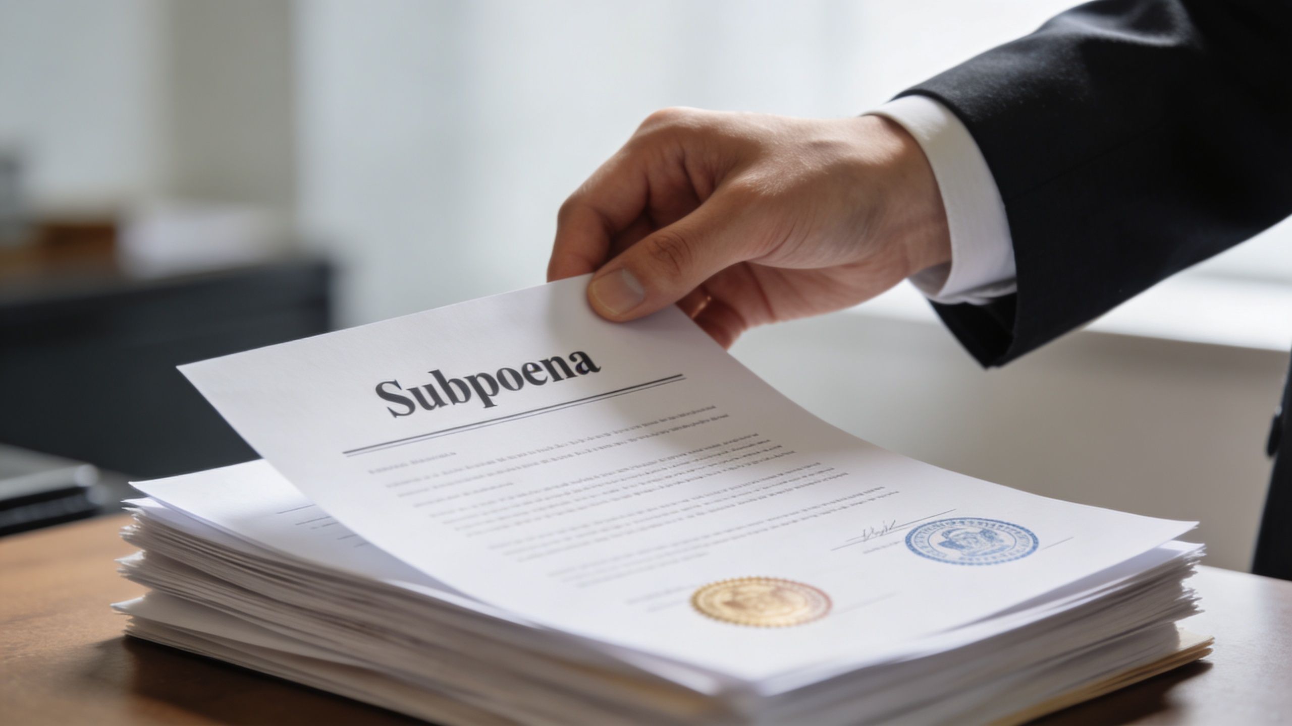 A close-up view of a person in a suit holding a legal subpoena document over a stack of papers.