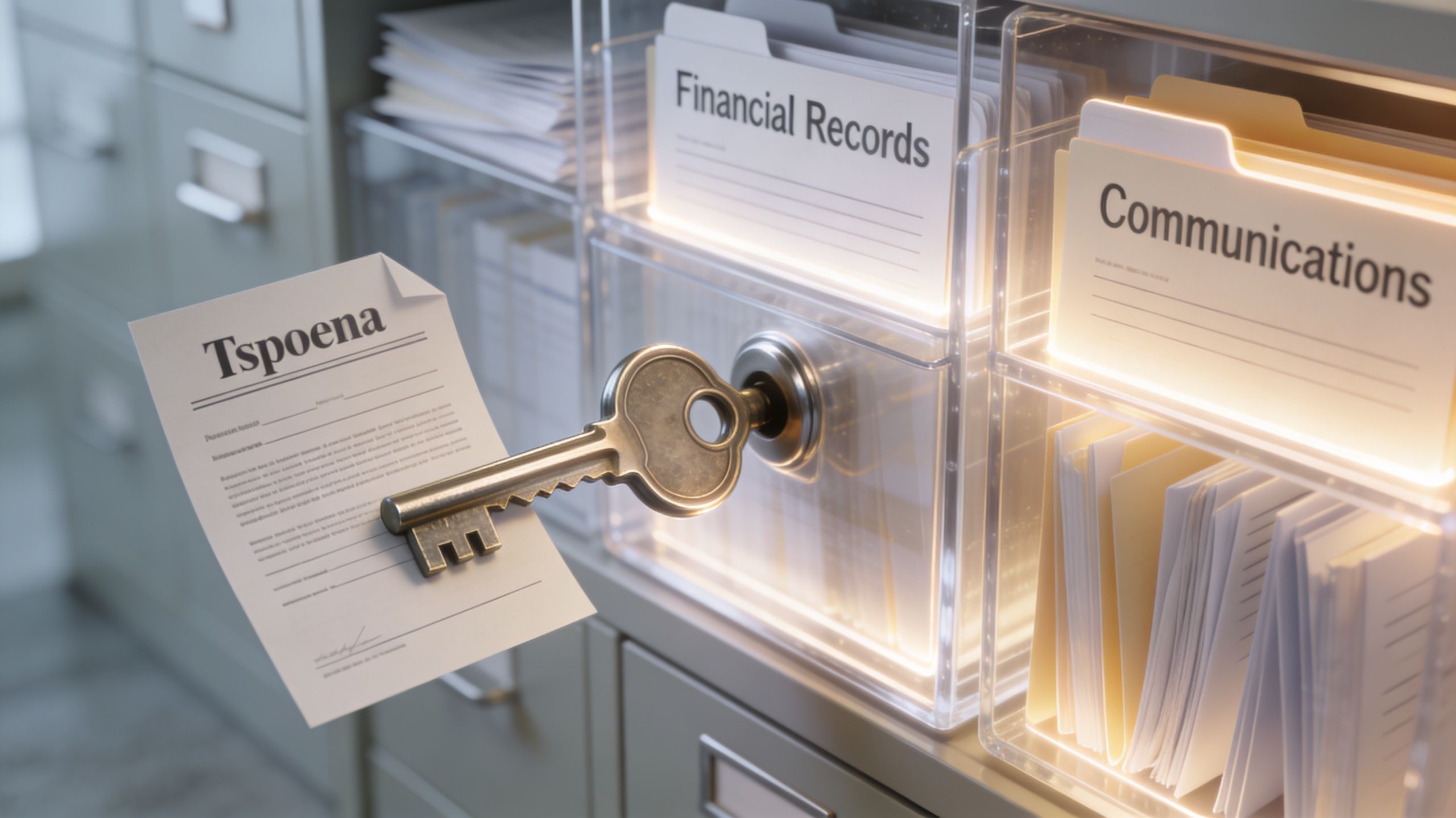 A metal key unlocking a clear drawer containing document folders labeled Financial Records and Communications.