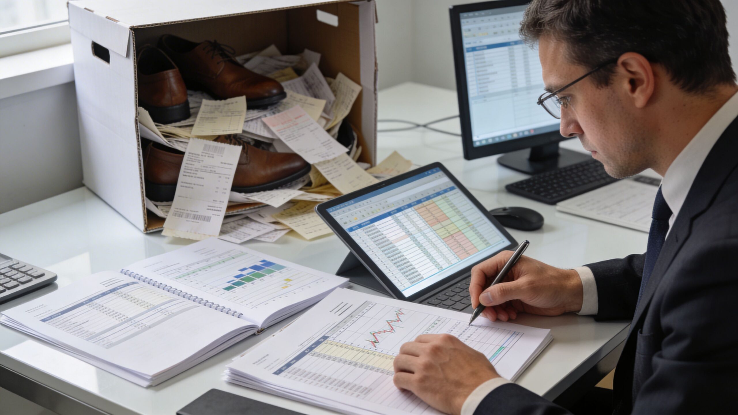 A professional accountant reviews financial spreadsheets and documents while working at a desk filled with papers.