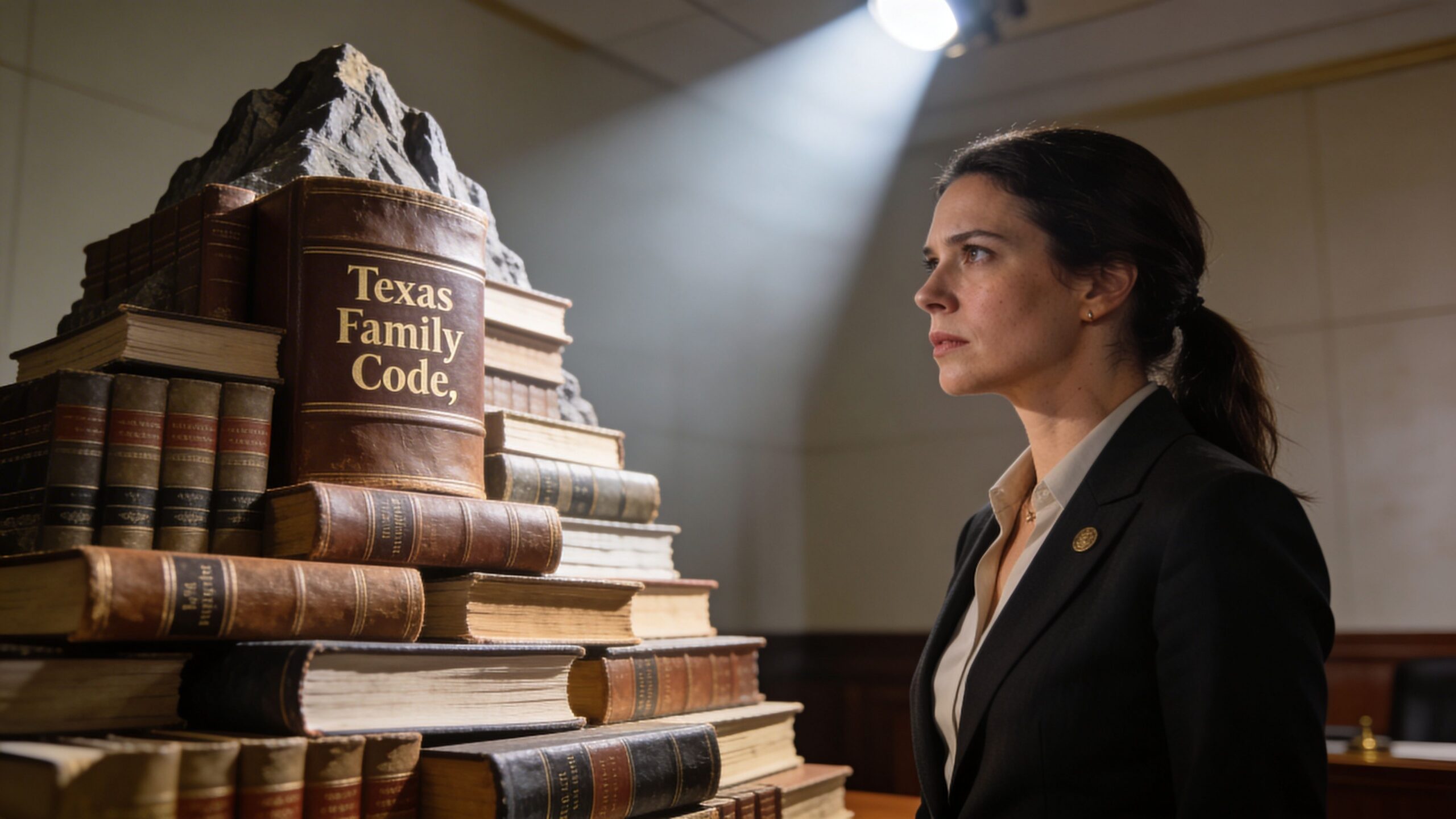 A professional woman in a suit looks thoughtfully at a large, mountainous stack of Texas Family Code law books.