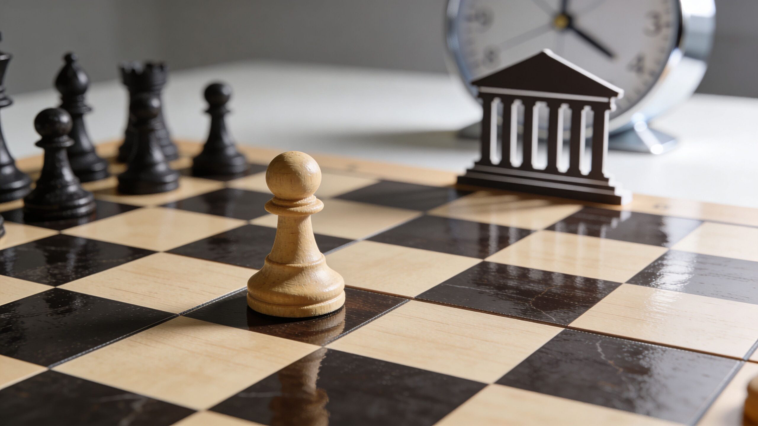 A chess board with a white pawn facing a model bank building and a clock nearby.