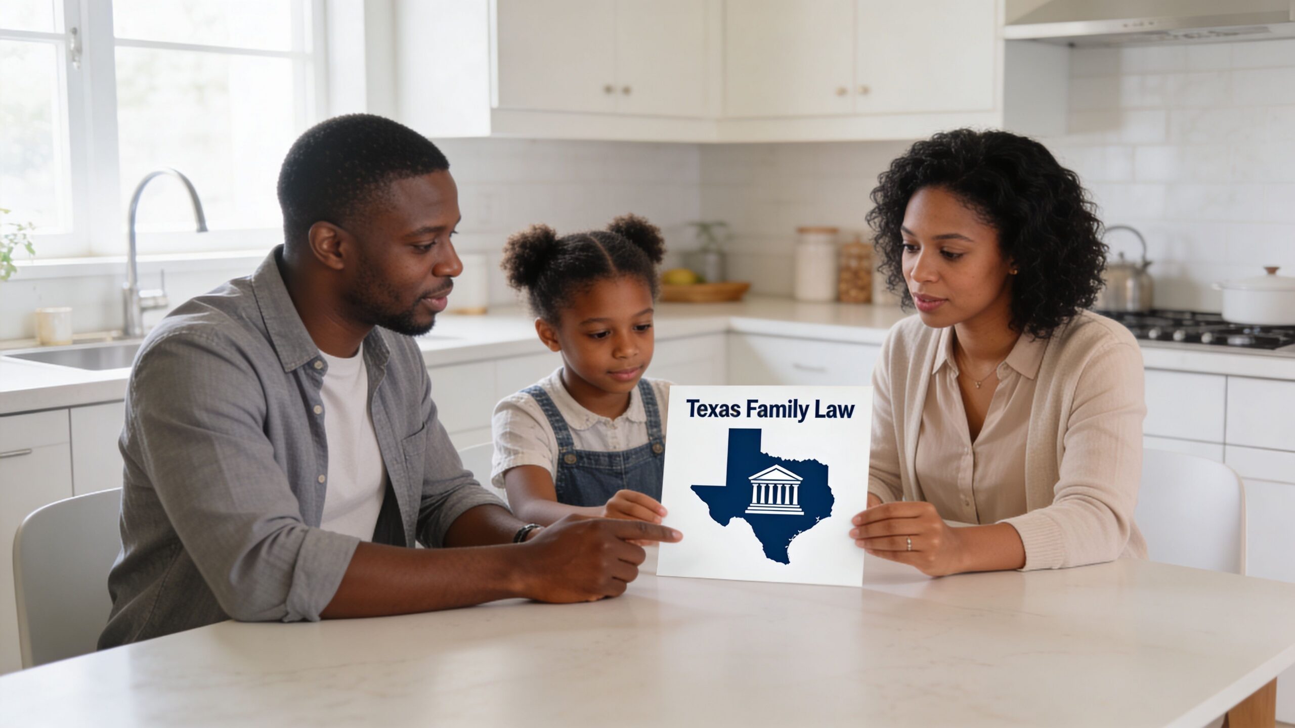 A family of three sitting at a kitchen table holding a paper sign about Texas family law.