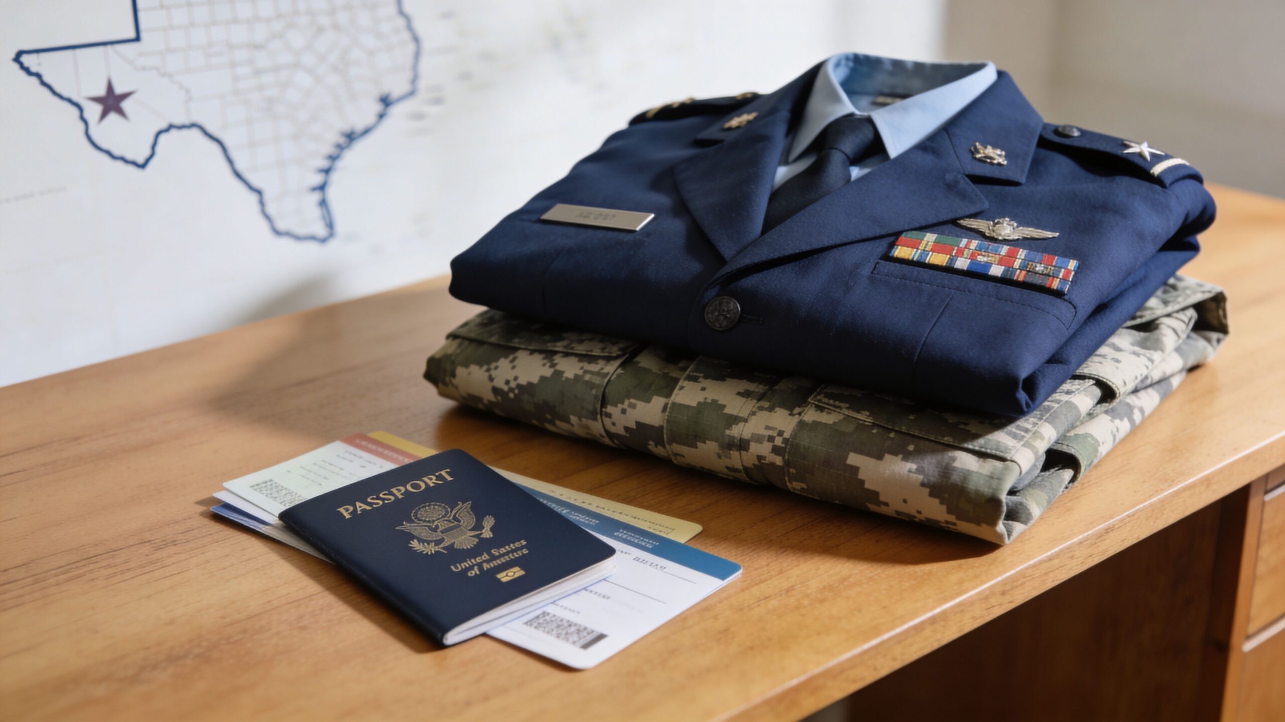 A stack of military uniforms with a United States passport resting on a wooden desk in Texas.