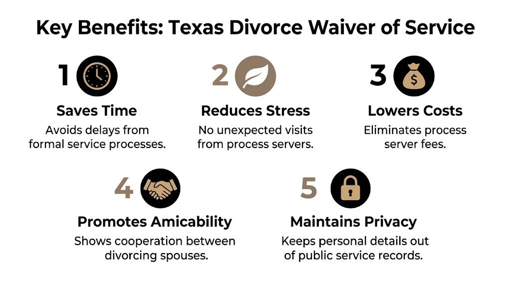 An infographic showing five key benefits of a Texas divorce waiver of service for separating couples.