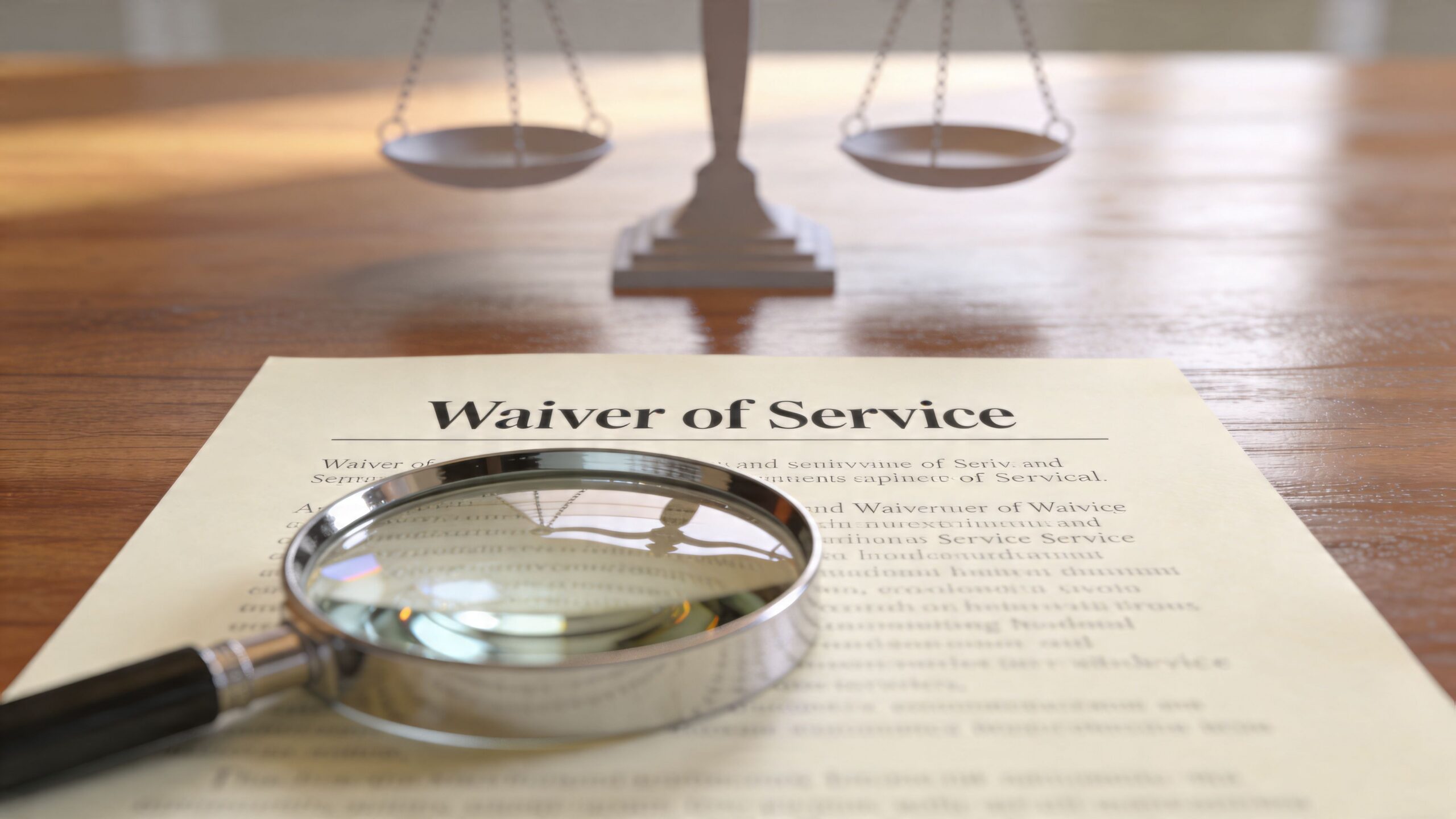 A magnifying glass resting on a legal document titled Waiver of Service with scales of justice behind.