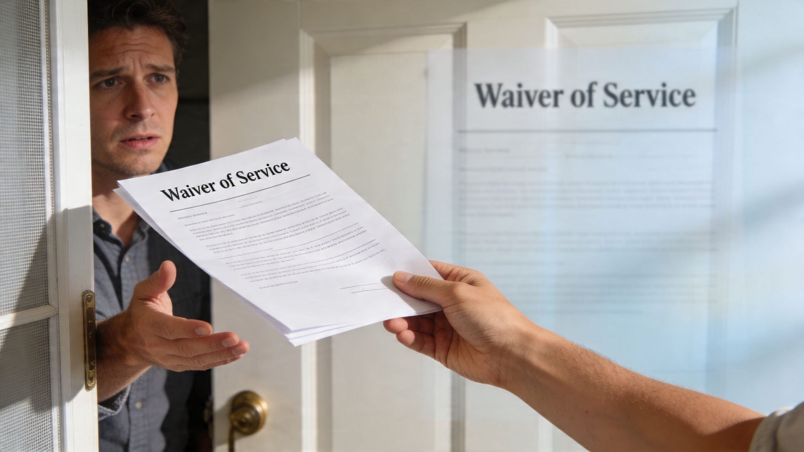 A process server hands a Waiver of Service legal document to a man at his front door.