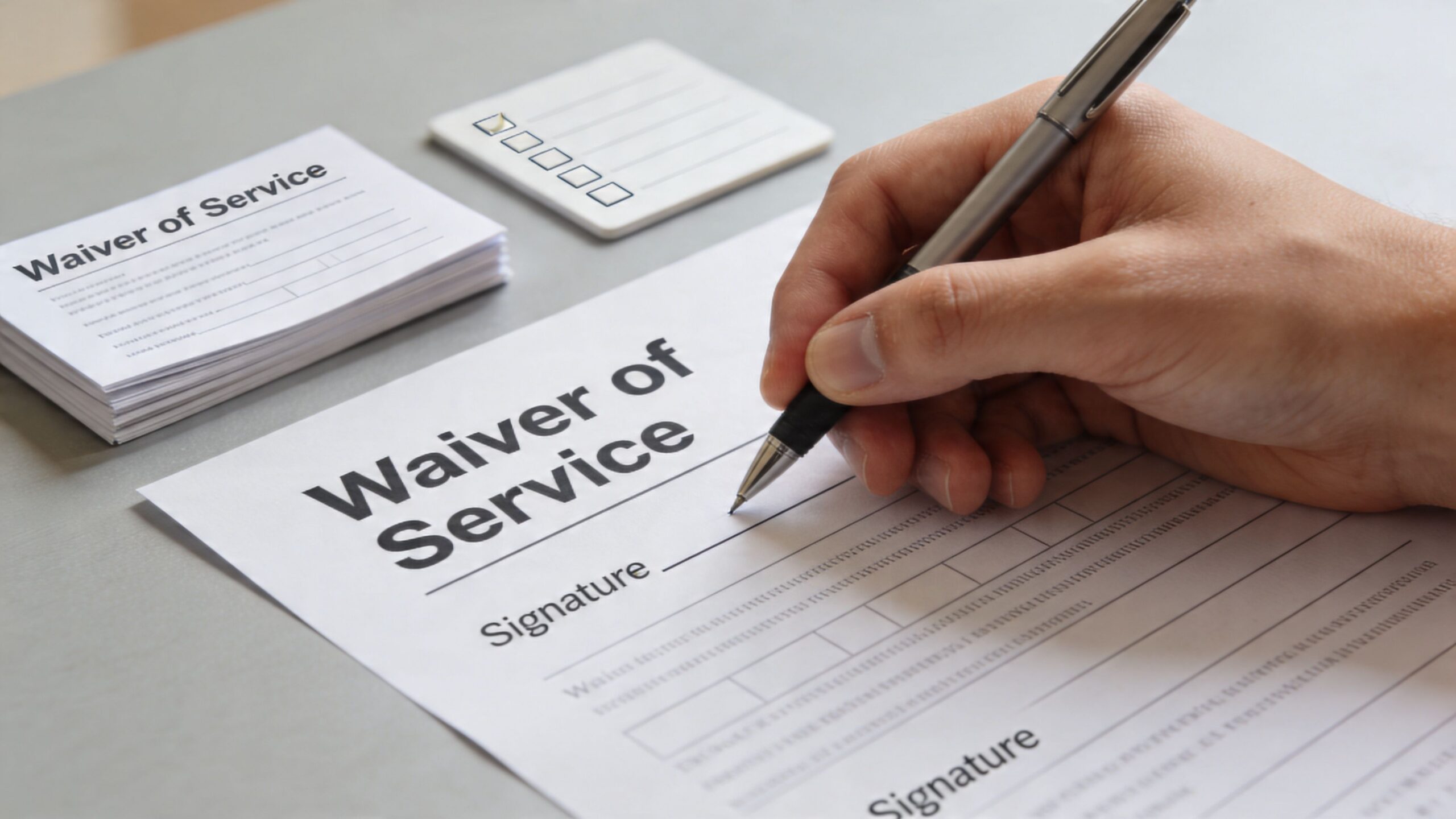 A hand holding a pen while signing a Waiver of Service document at a desk.