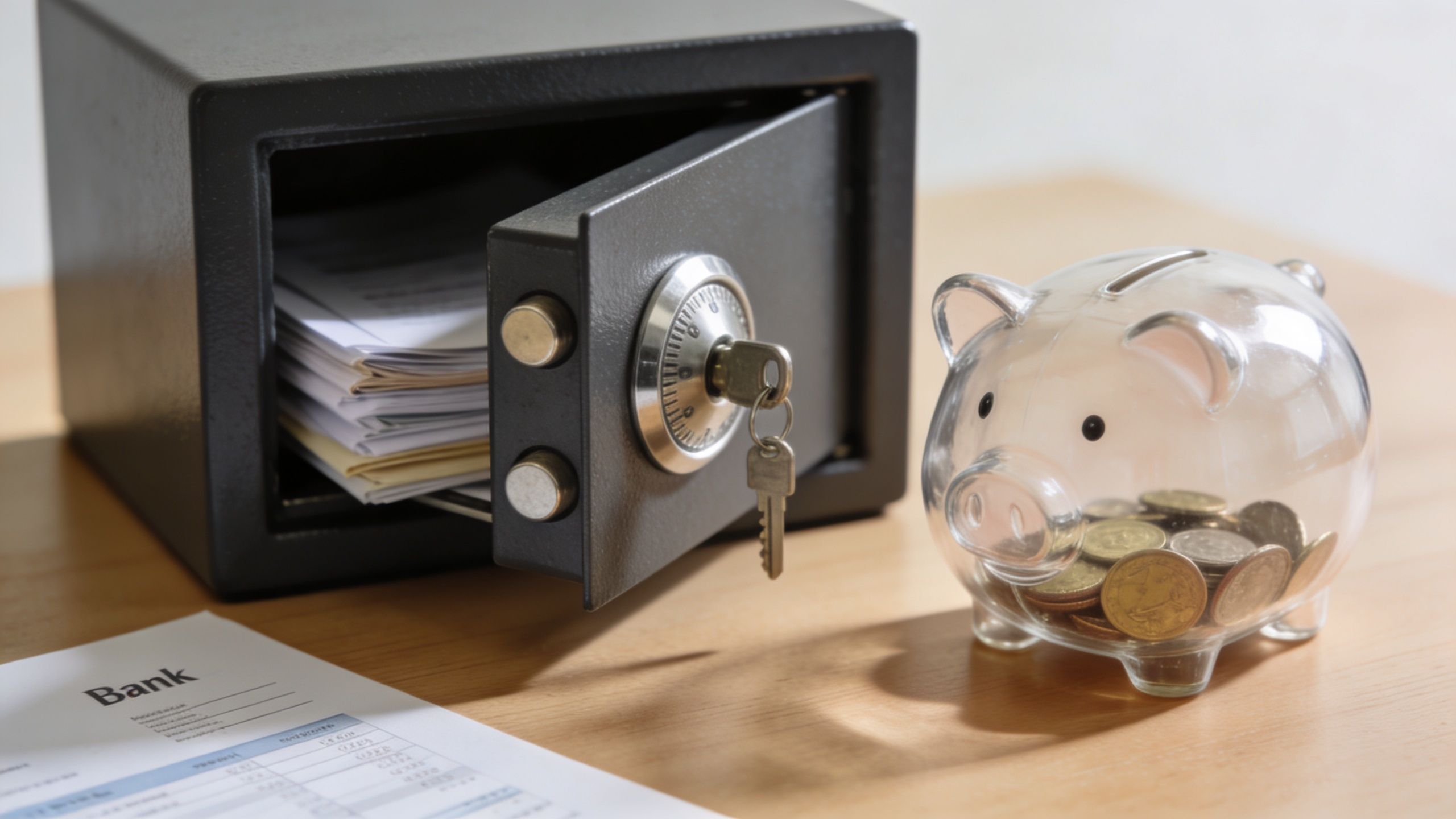 A steel safe containing documents next to a clear piggy bank filled with coins on a table.