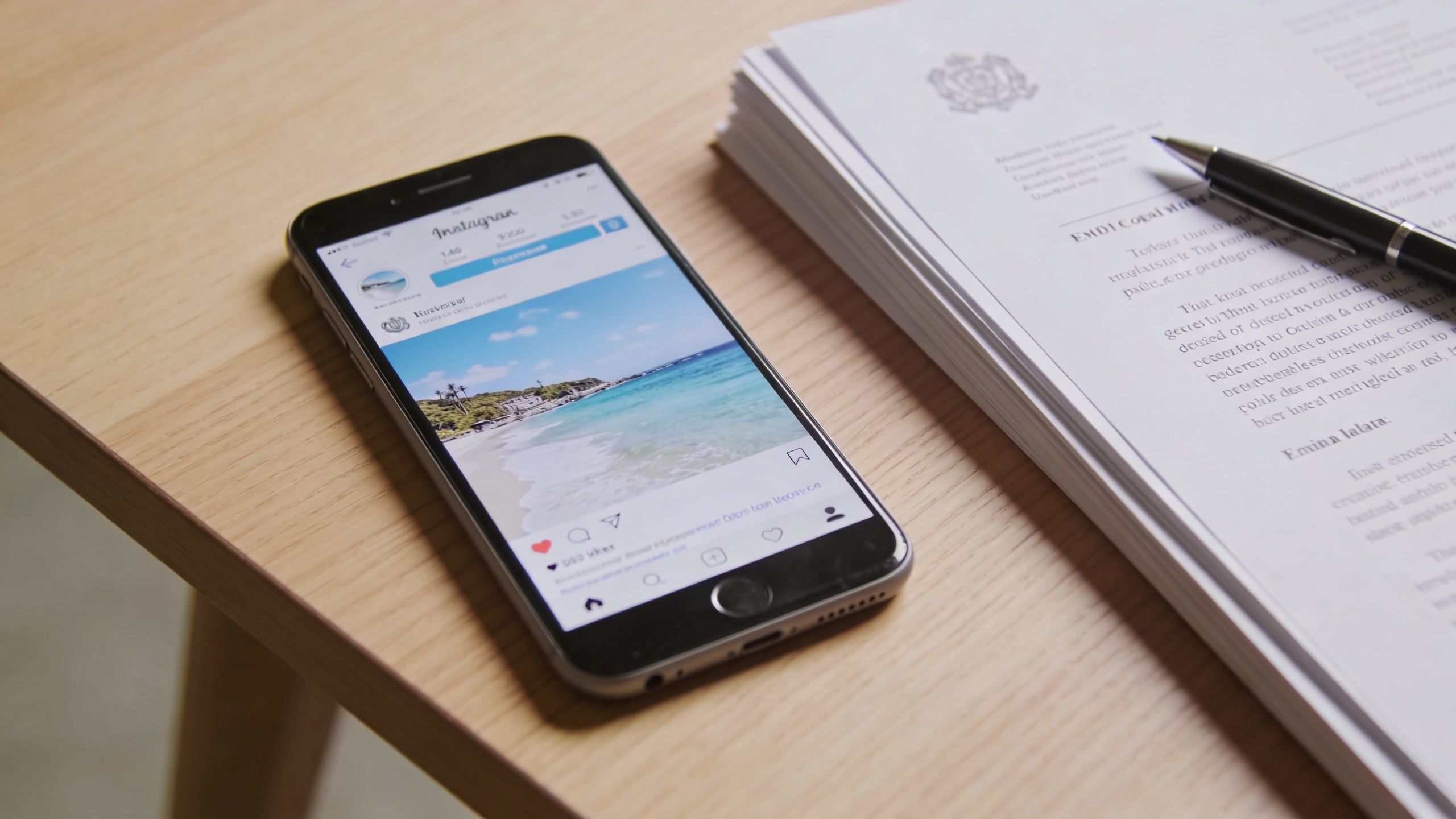 A smartphone displaying an Instagram feed next to a document and a pen on a wooden table.