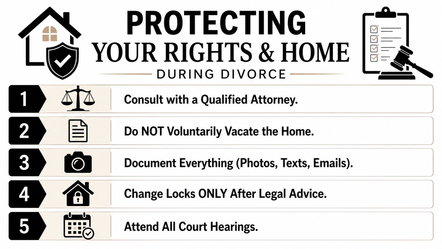 An infographic titled Protecting Your Rights and Home During Divorce with five numbered legal tips.
