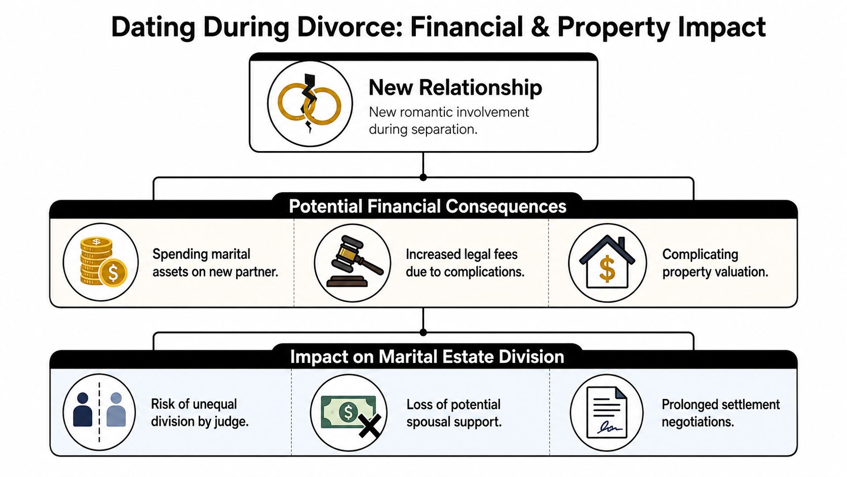 A flowchart detailing the financial and property risks of dating during a pending divorce legal process.