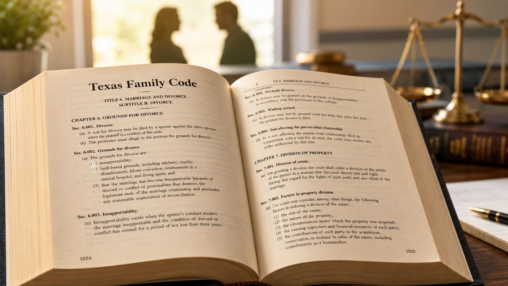 An open copy of the Texas Family Code showing laws related to divorce, property division, and legal proceedings.