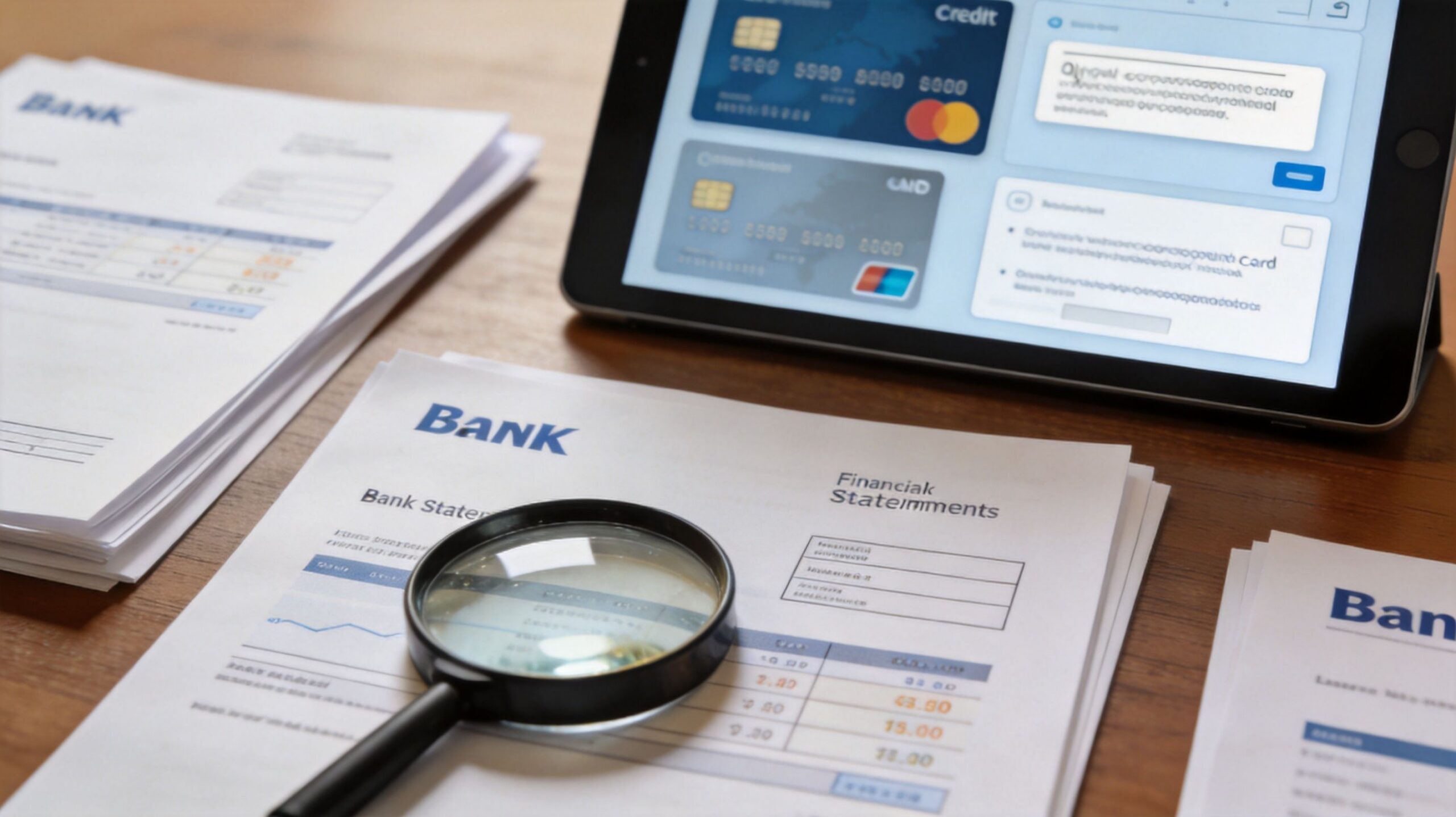 A magnifying glass resting on bank statements next to a tablet displaying digital credit card information.