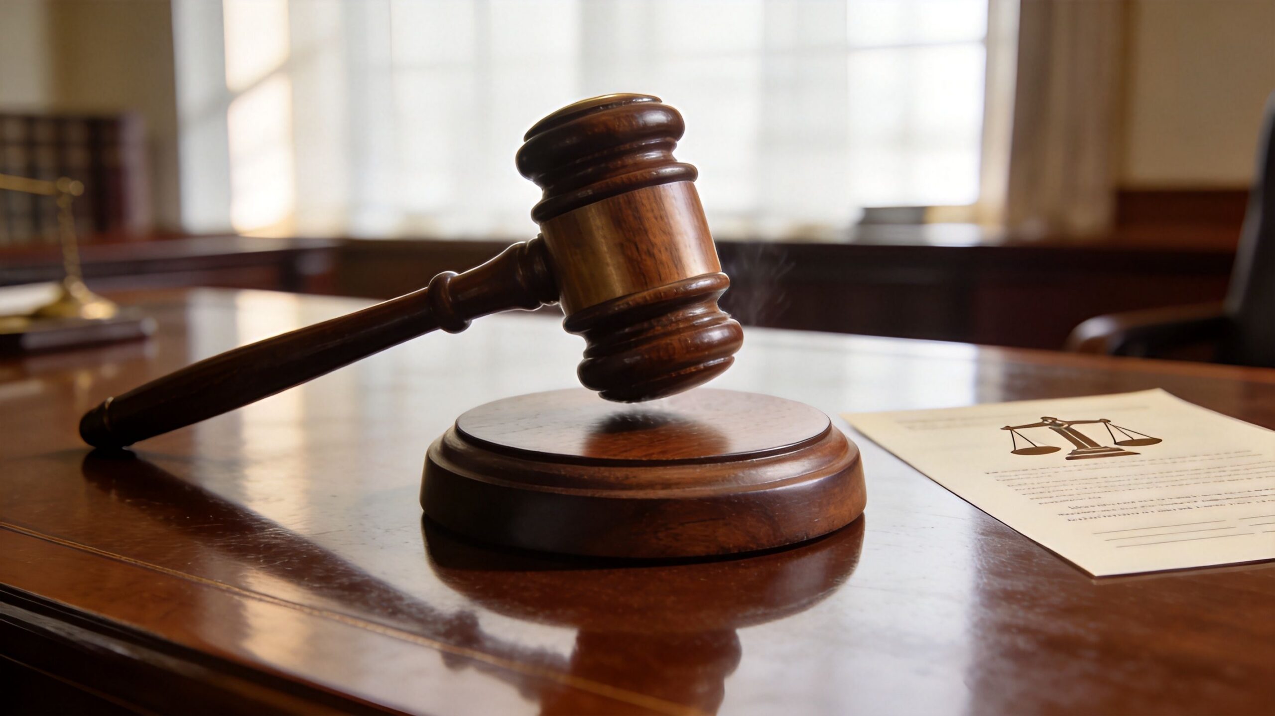 A wooden judge gavel resting on a desk next to a legal document with a scales icon.