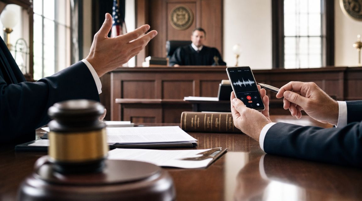 A courtroom scene with an attorney holding a phone showing a recording waveform while gesturing during a trial.