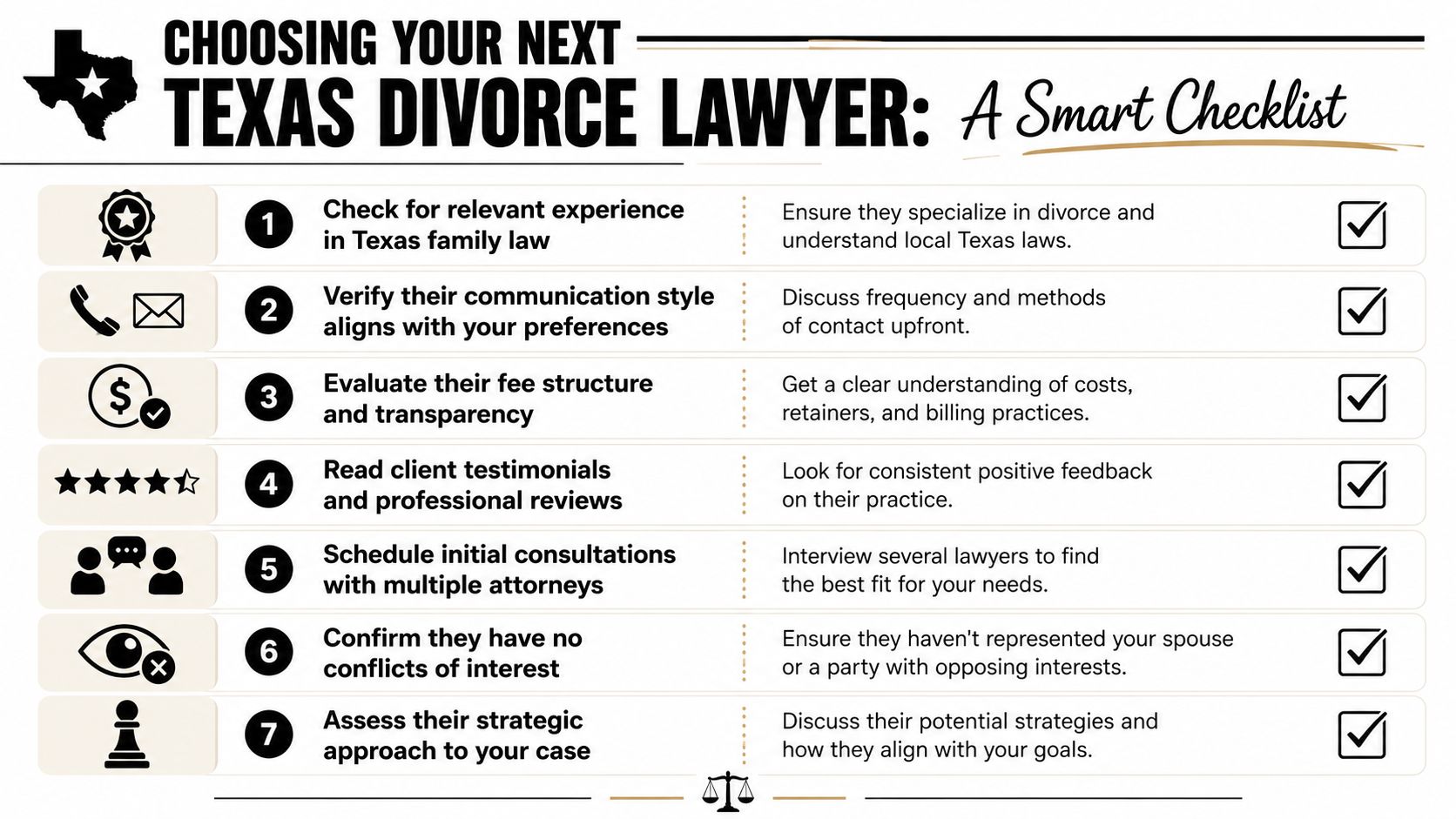 A checklist for choosing a Texas divorce lawyer covering experience, communication, fees, reviews, and legal strategy.