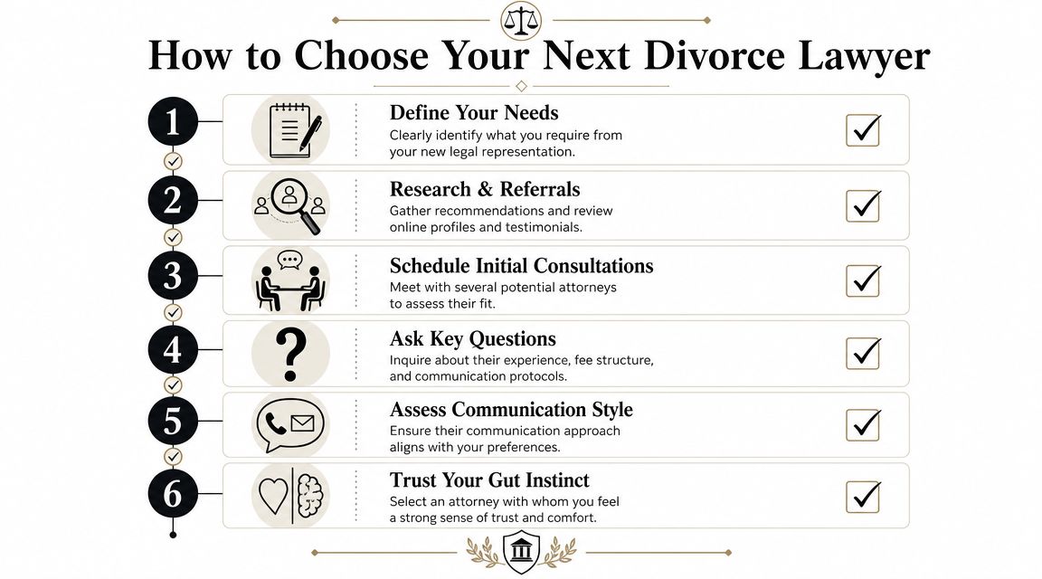 A step-by-step infographic illustrating how to choose the right divorce lawyer for your legal representation needs.