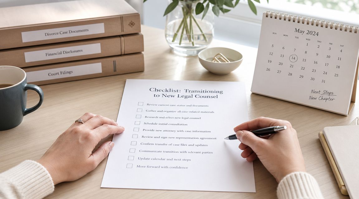 A person checking off a legal transition checklist at a desk with divorce documents and a calendar.