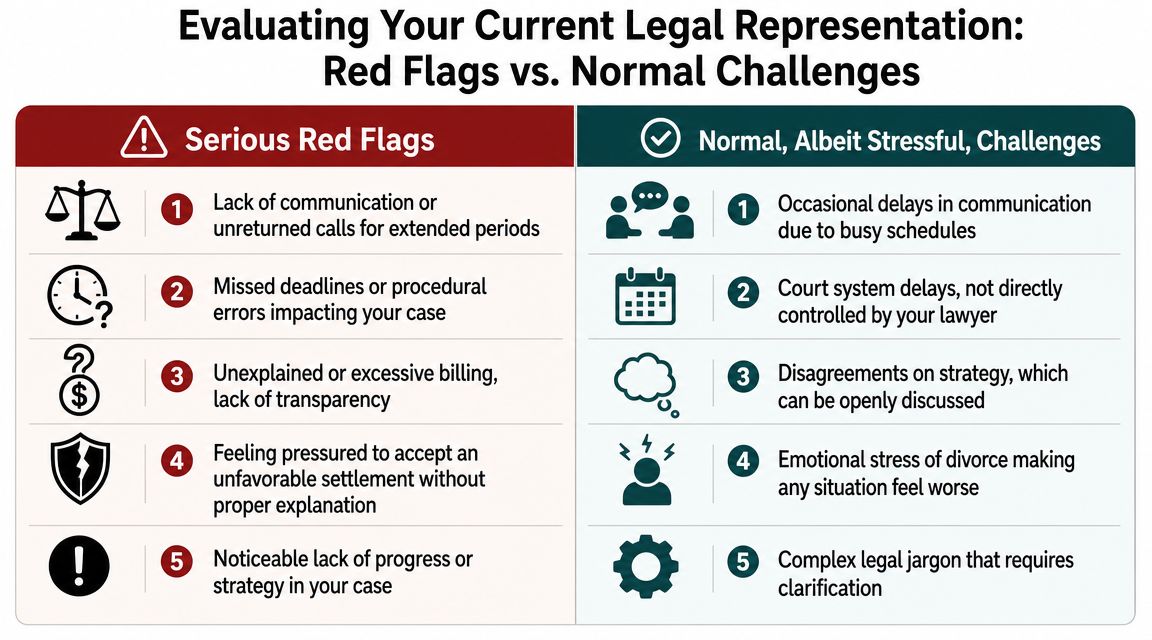 A comparative chart distinguishing serious red flags from normal challenges in legal representation during divorce.