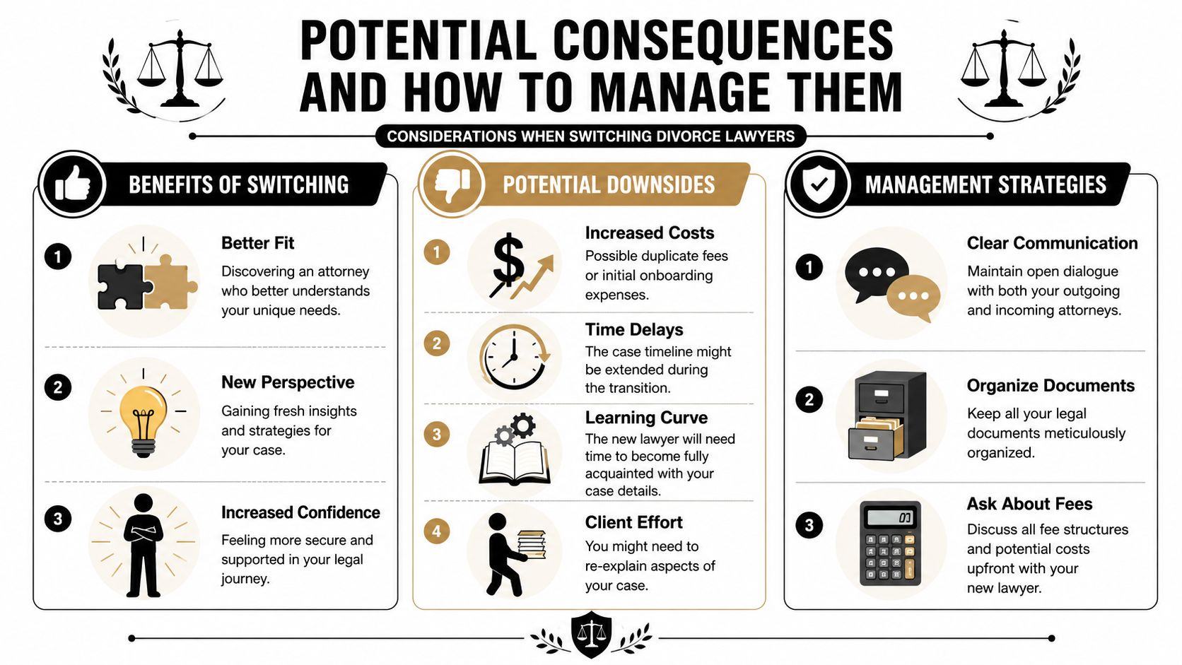 An infographic detailing the benefits, downsides, and management strategies for switching divorce lawyers during a legal case.