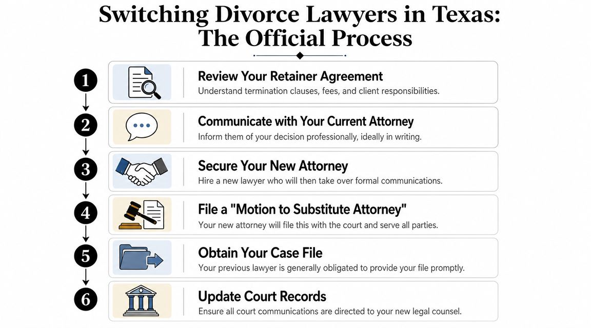 A six-step infographic guide detailing the official process for switching divorce lawyers in the state of Texas.
