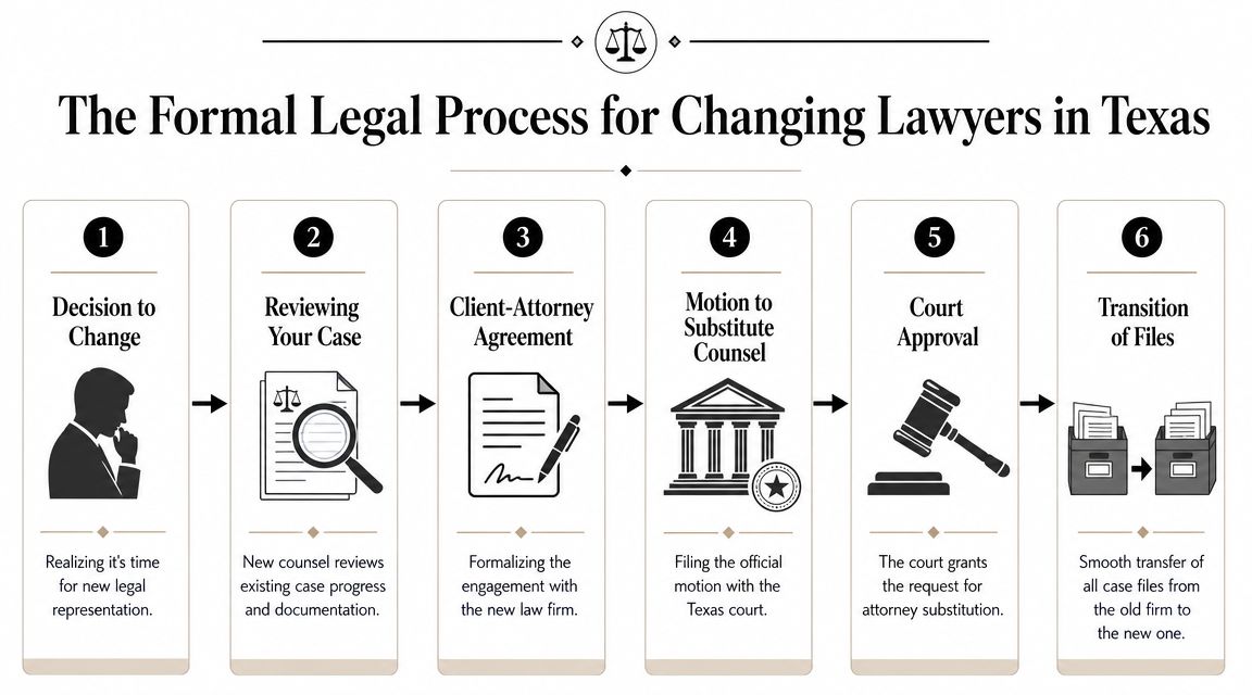 A flowchart infographic titled The Formal Legal Process for Changing Lawyers in Texas, showing six sequential steps.