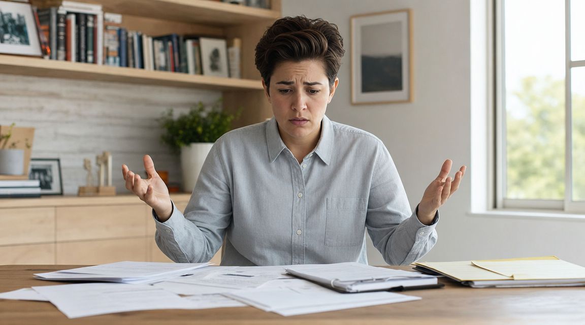 A person looking stressed while reviewing legal documents at a desk in a home office.