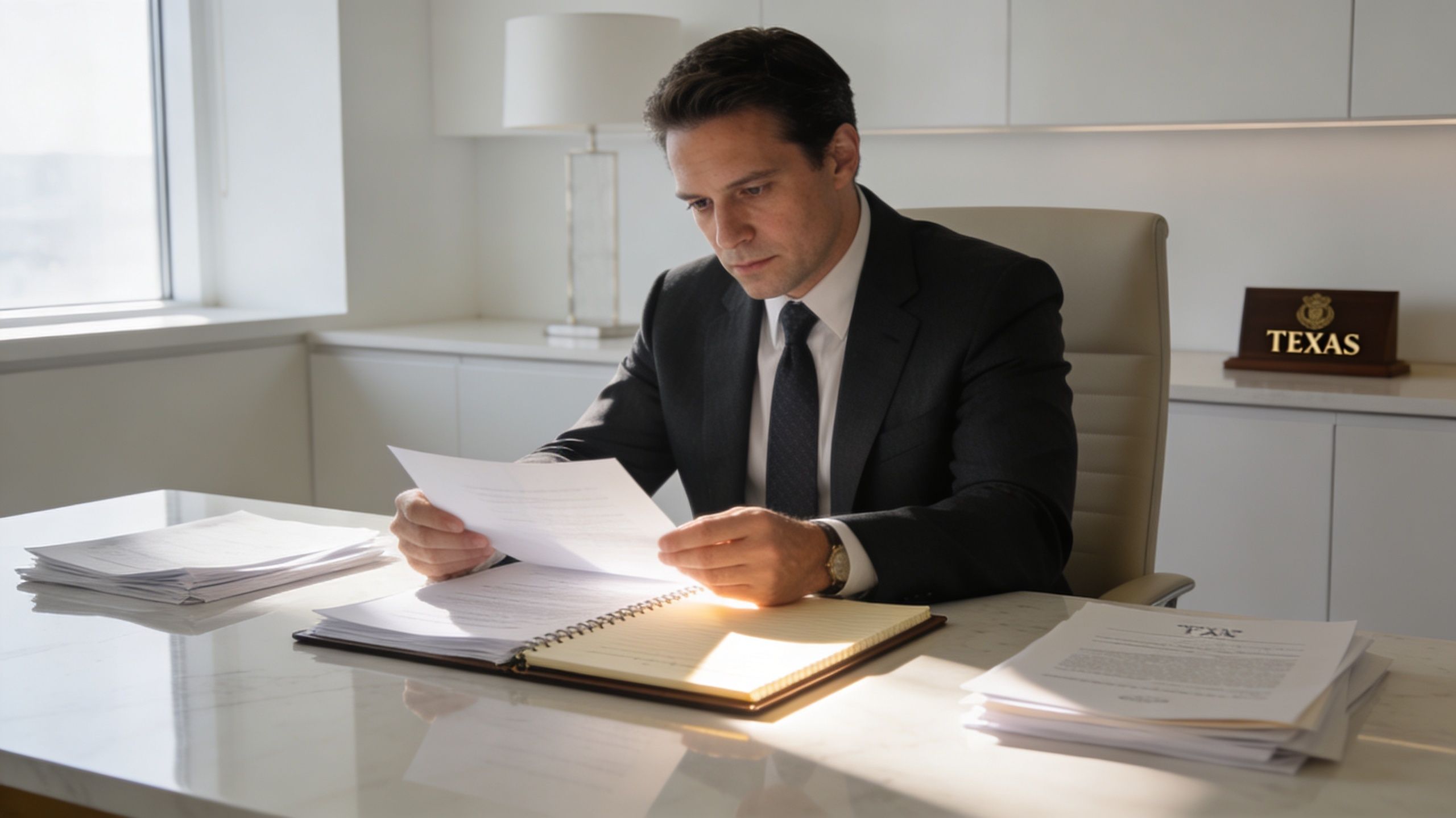 A professional man in a suit reviewing legal documents at an office desk in Texas.