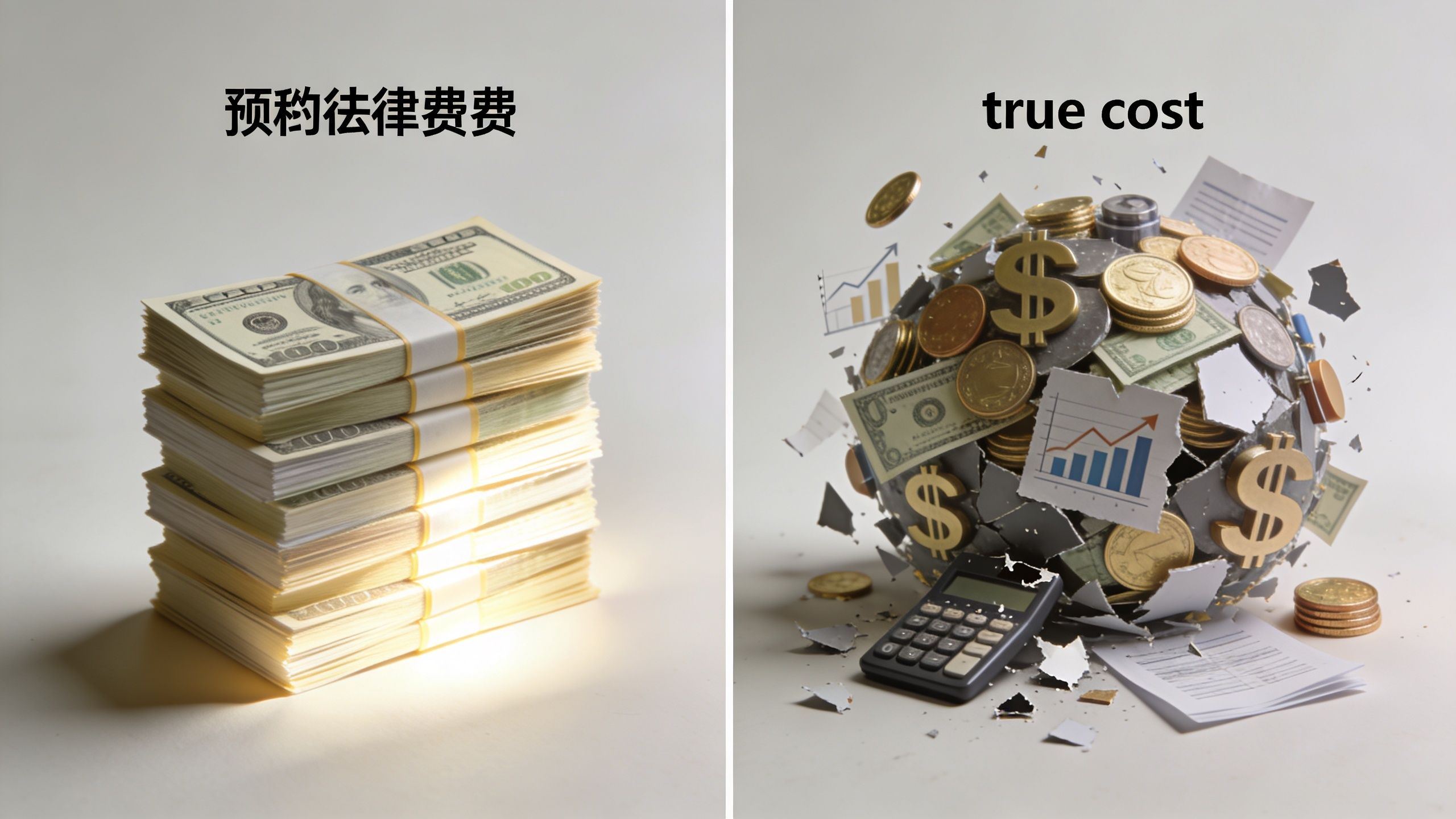 A split image contrasting a neat stack of cash with a chaotic sphere of money and charts.