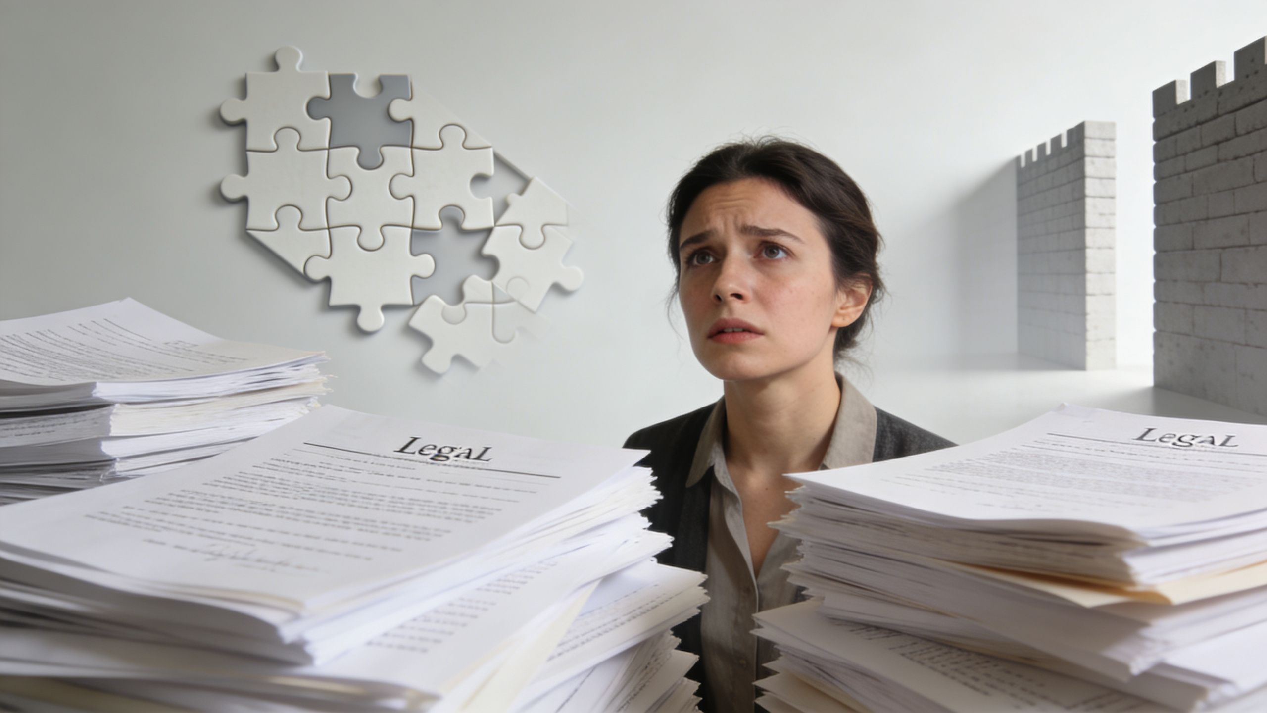 A woman looks stressed while sitting behind large piles of legal documents in a symbolic office setting.