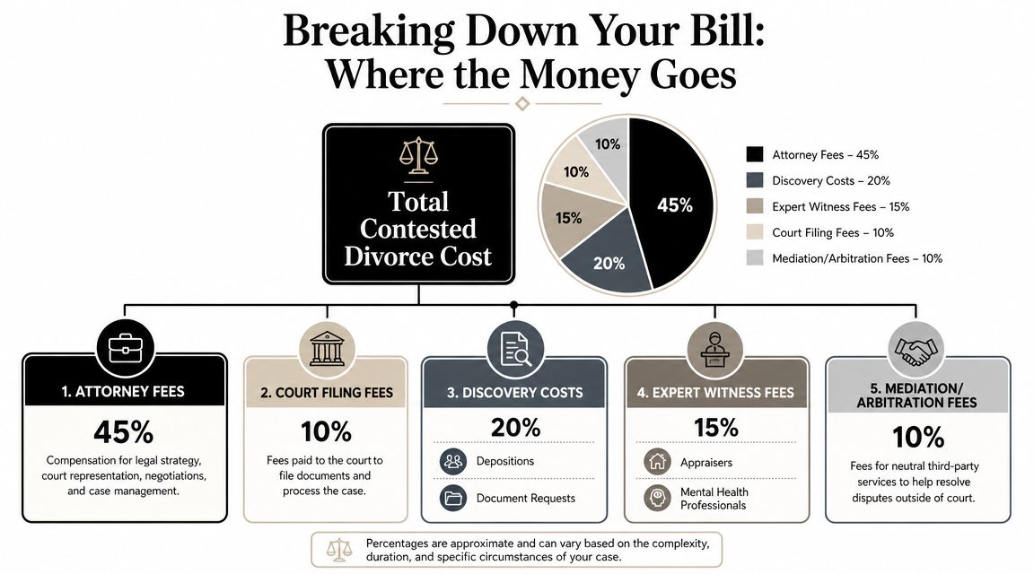 A pie chart and infographic illustrating the typical percentage breakdown of costs for a contested divorce.
