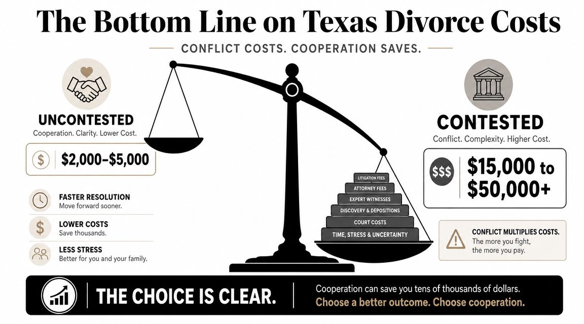 A comparison chart showing that uncontested divorces in Texas cost significantly less than contested divorces.