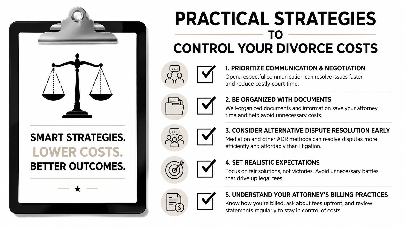 A clipboard graphic with five practical tips for reducing divorce legal costs through organization and communication.