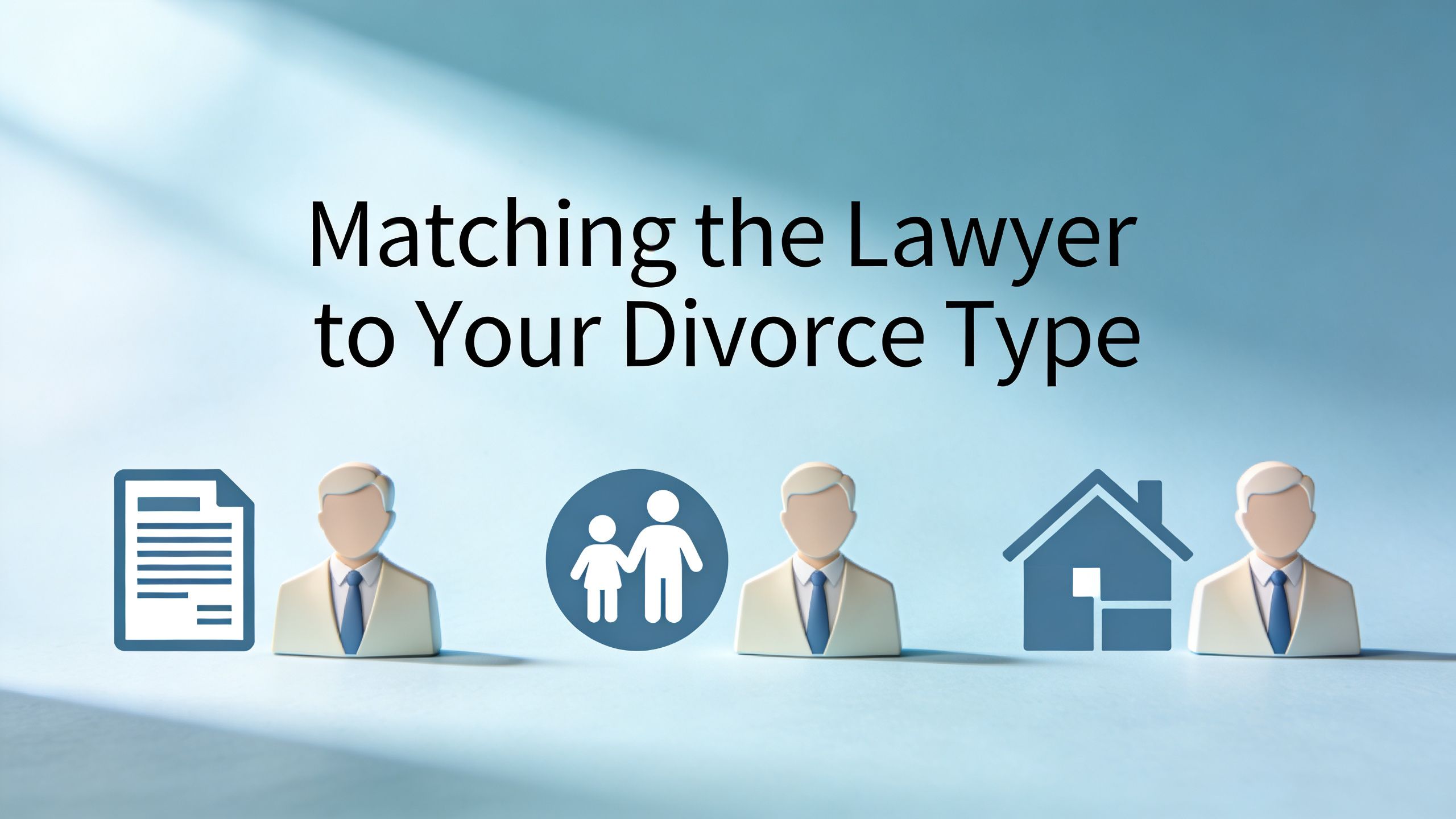 Three professional figures paired with icons representing document, family, and home for legal divorce matching.