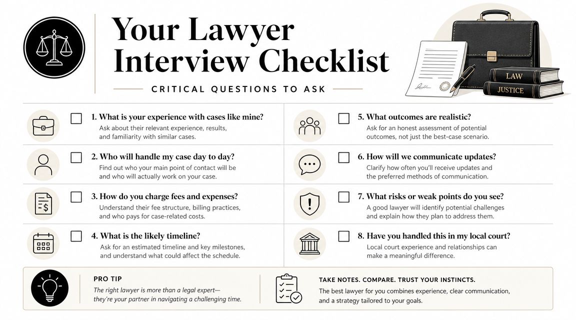 A comprehensive lawyer interview checklist for clients to ask potential attorneys during a consultation.
