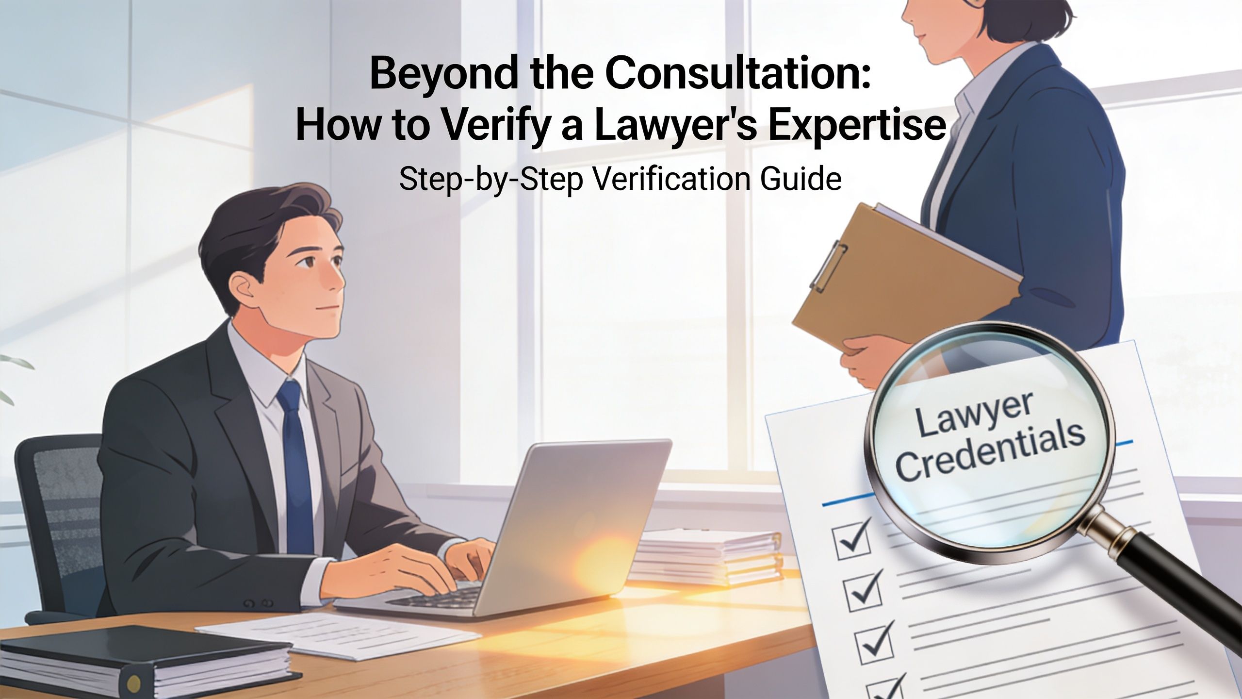 A professional man and woman in an office setting reviewing legal documents with a magnifying glass.