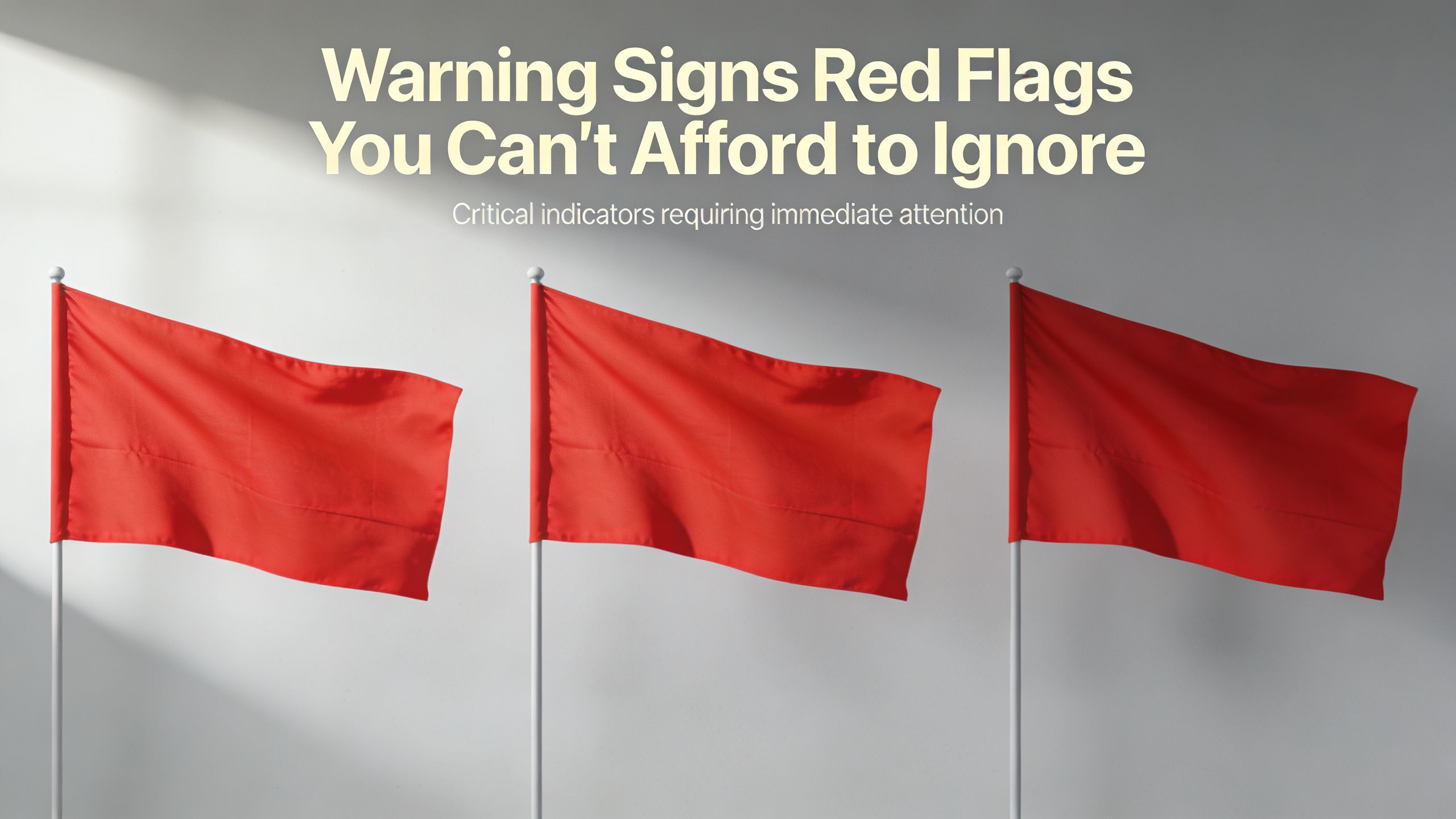 Three red flags waving on poles against a neutral wall with bold warning text above them.