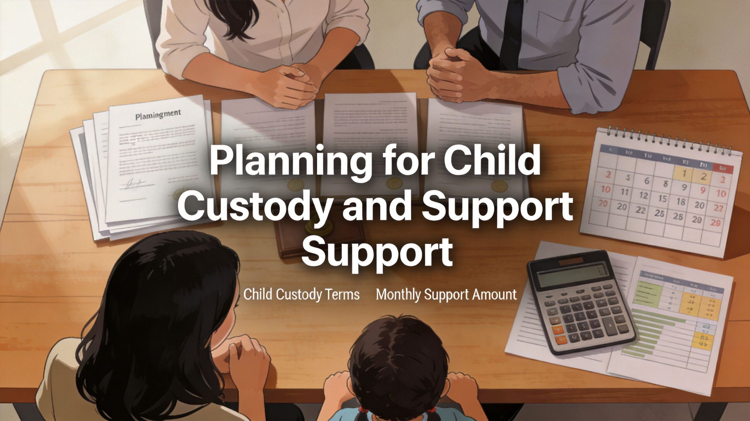 A family seated at a wooden table reviewing legal documents and calendars for child custody planning.