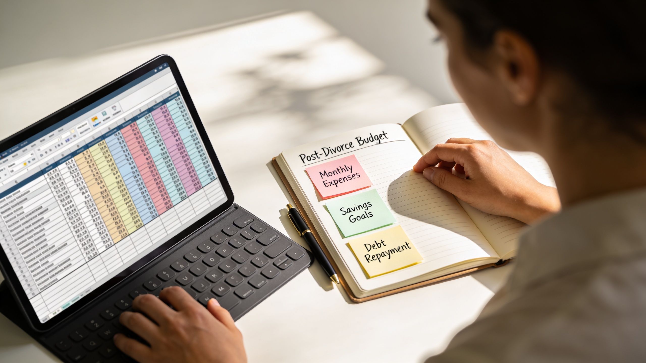 A person reviewing a post-divorce budget with a tablet and notes on a desk.