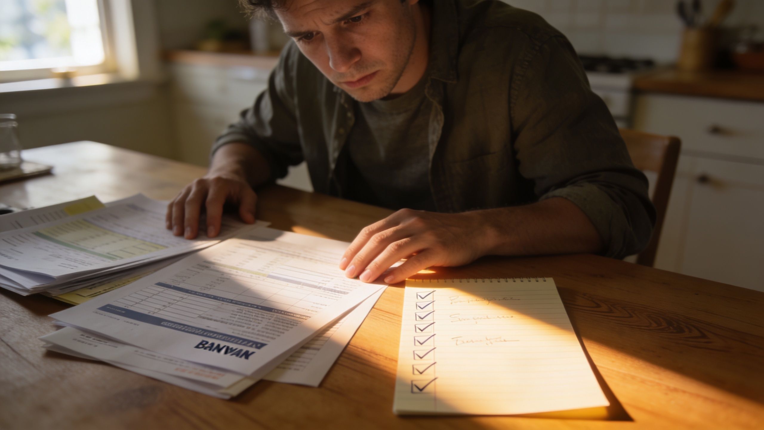 A man sits at a wooden table reviewing financial documents and a checklist to prepare for divorce.