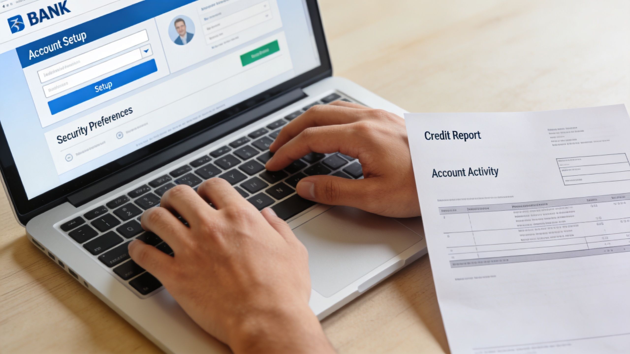 A person types on a laptop computer while reviewing a document labeled as a Credit Report.