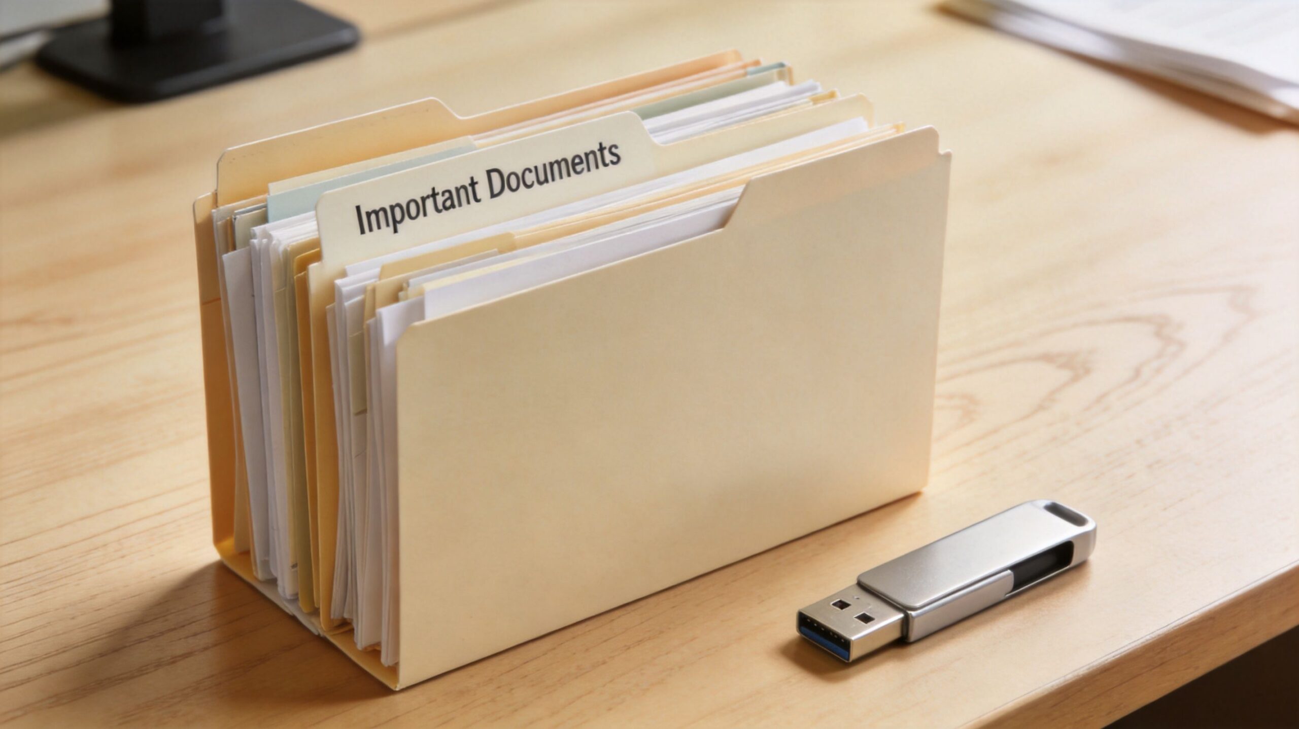 A beige file folder labeled Important Documents sitting on a wooden desk next to a flash drive.