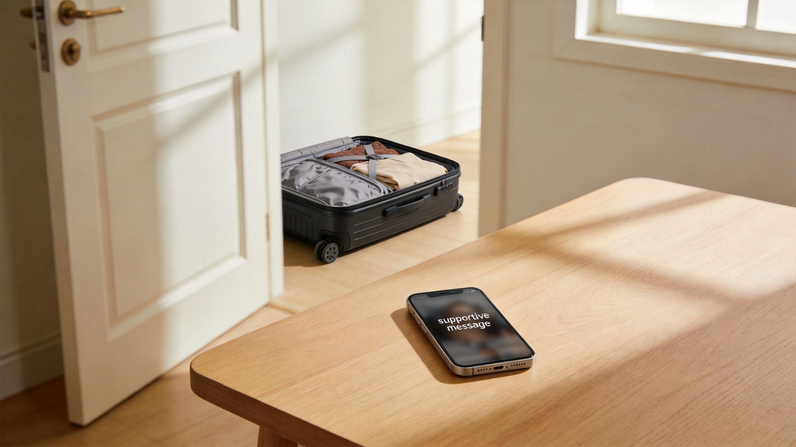 An open suitcase packed for travel sits near an open door, while a phone rests on a table.