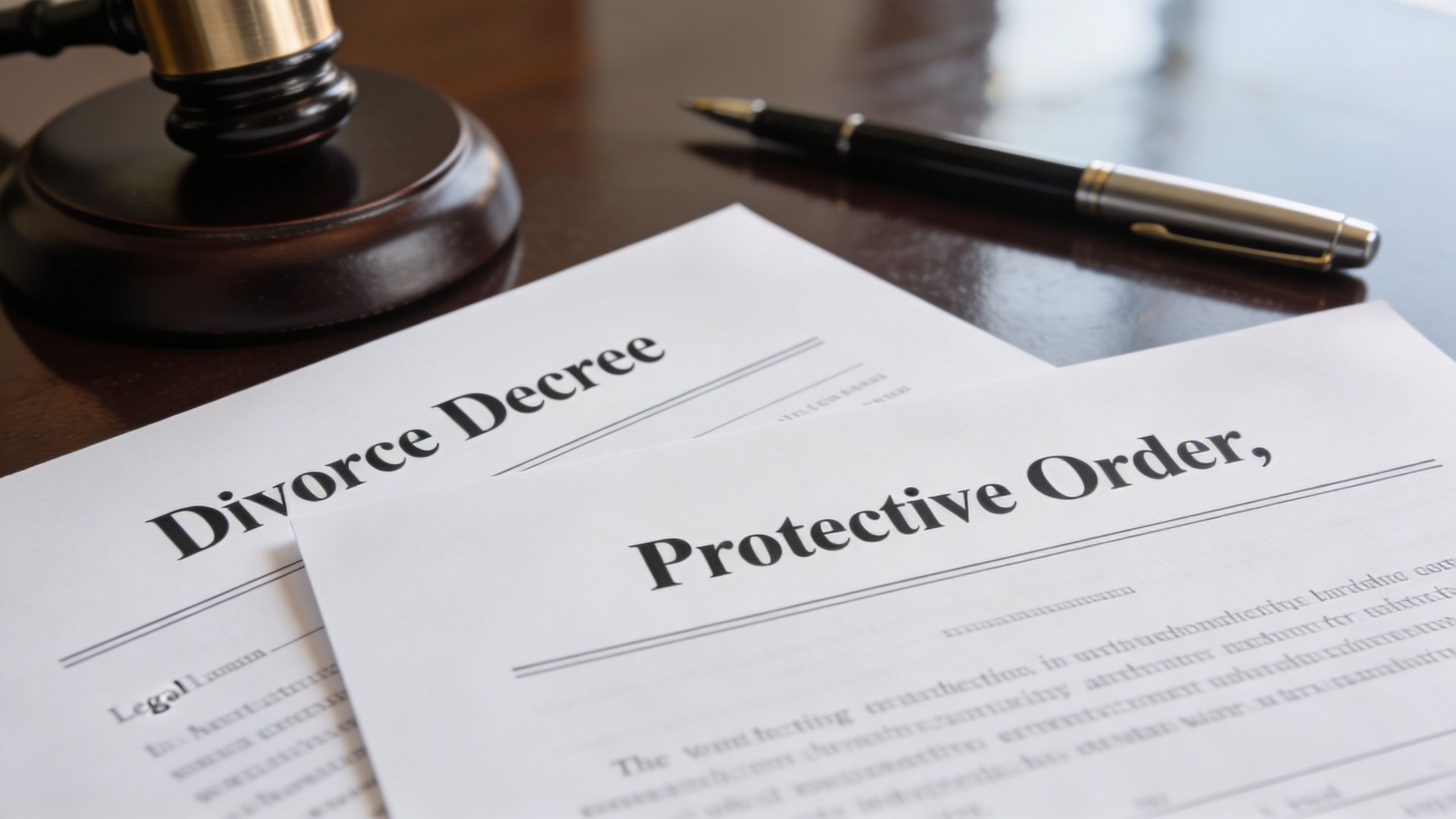 A gavel and a pen resting on legal documents including a divorce decree and a protective order.